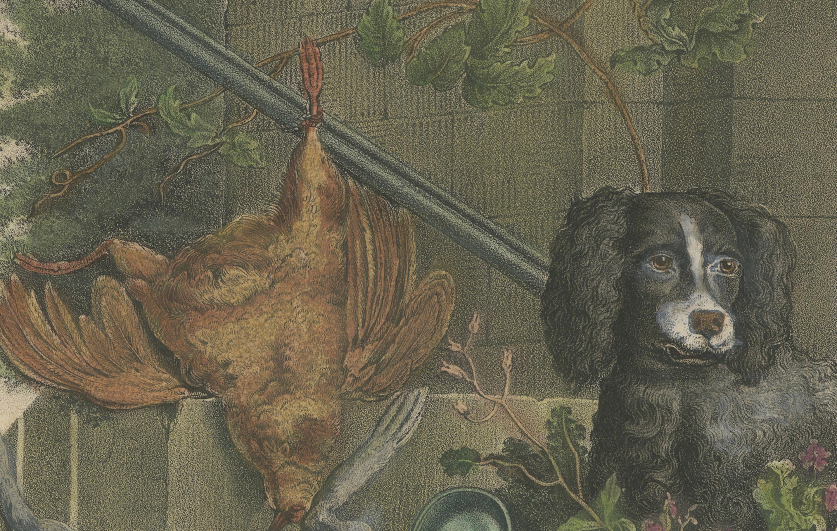 Handkolorierte Lithographie von 1835: Jagd-Stillleben mit Spiel und Hund im Angebot 1