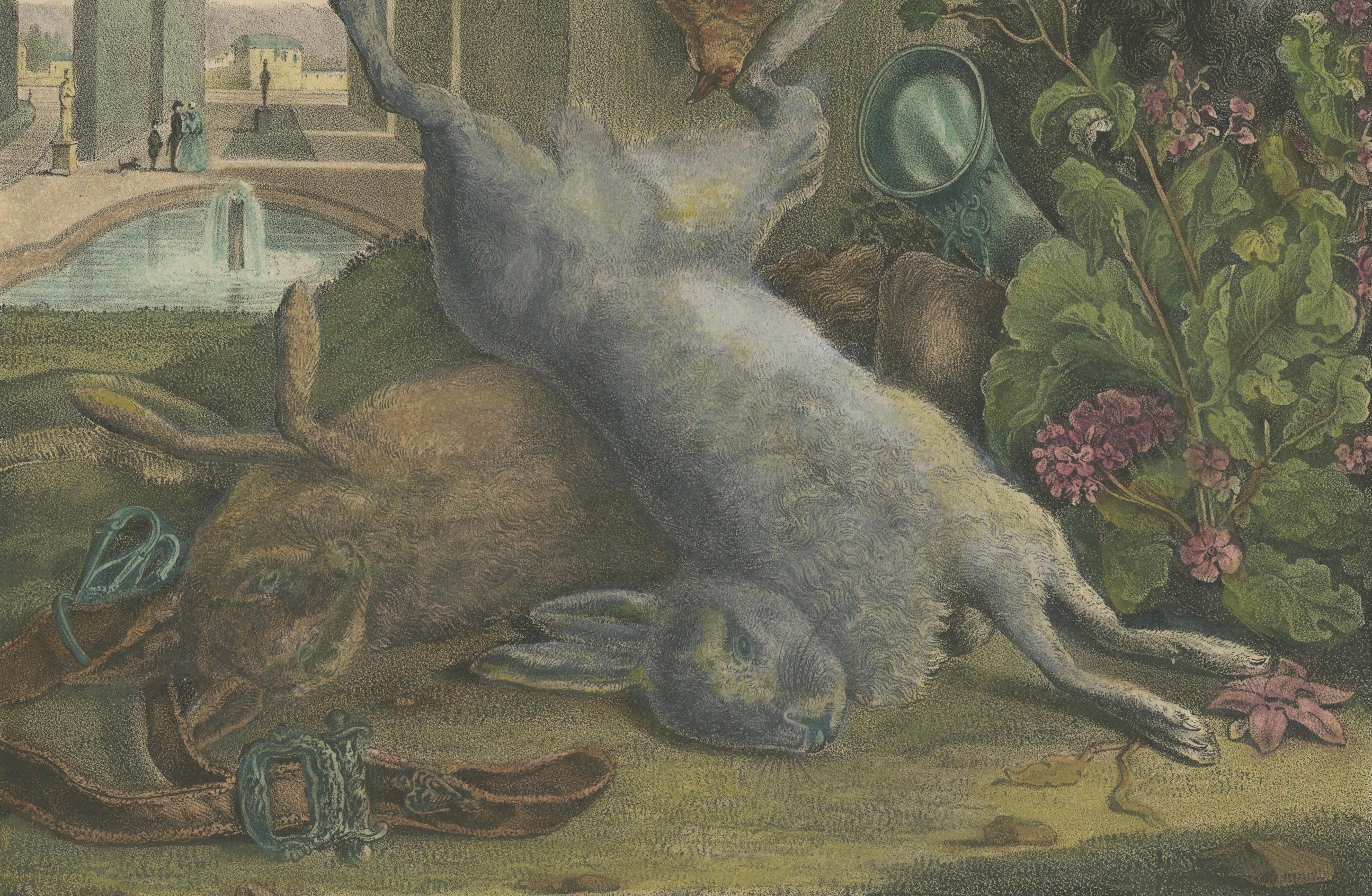 Handkolorierte Lithographie von 1835: Jagd-Stillleben mit Spiel und Hund im Angebot 2