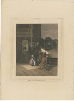 1835 Hand-Colored Lithograph: Interior of a 17th-Century Knight's Residence