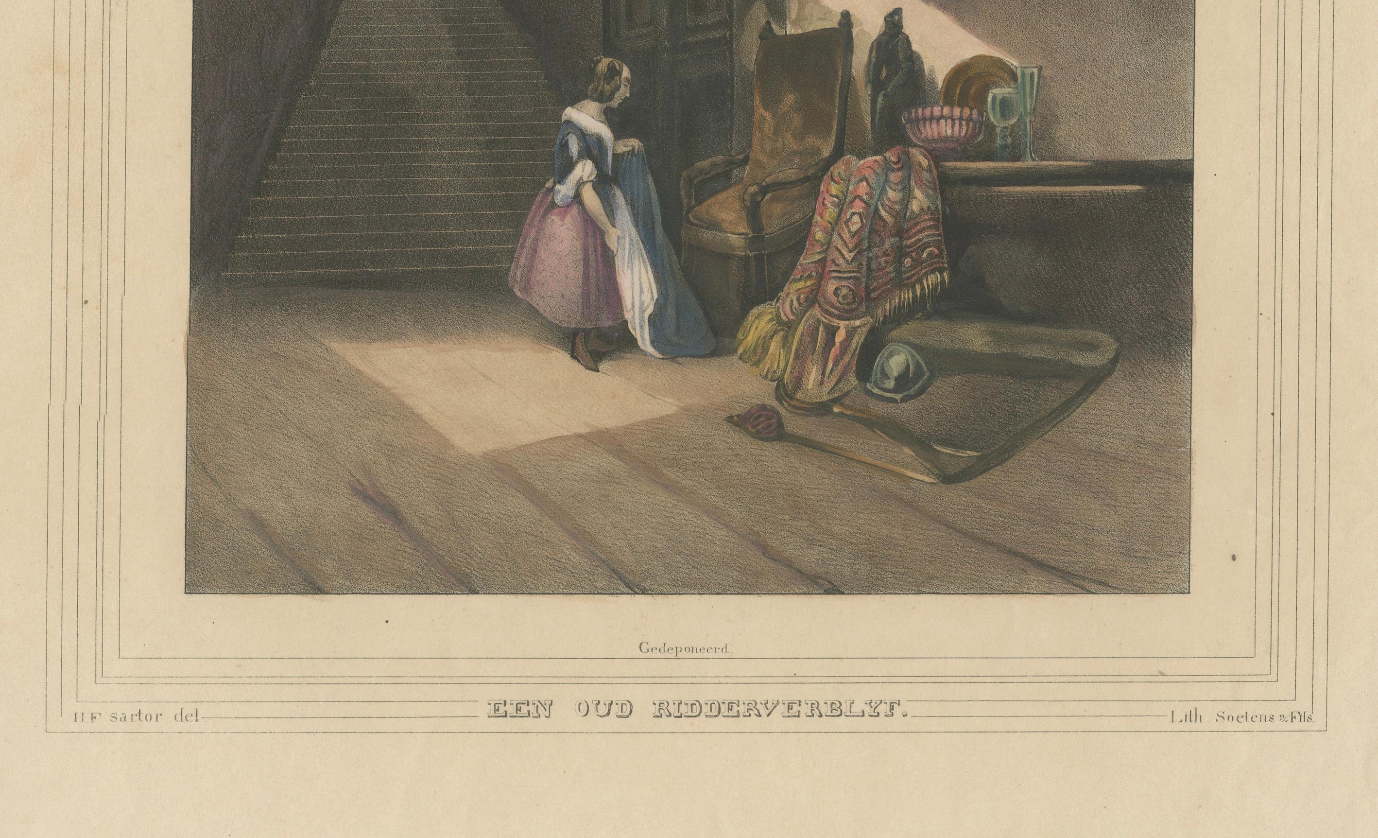 1835 Hand-Colored Lithograph: Interior of a 17th-Century Knight's Residence In Good Condition For Sale In Langweer, NL