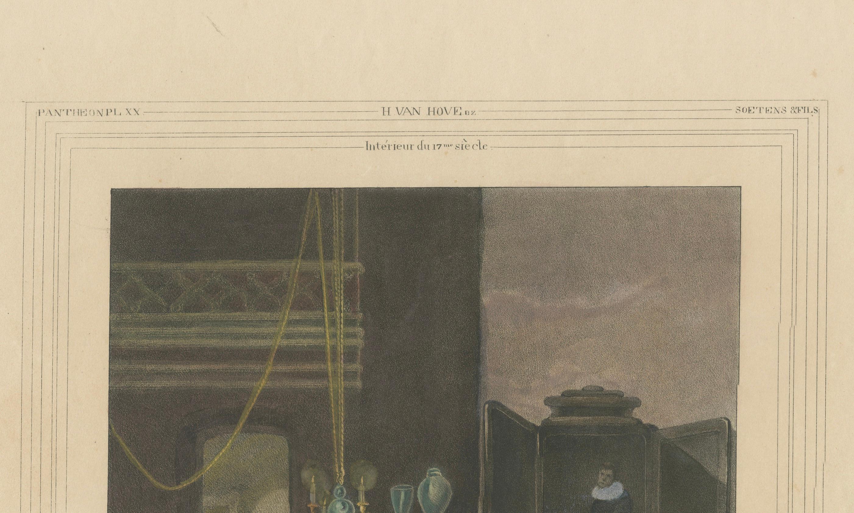 Mid-19th Century 1835 Hand-Colored Lithograph: Interior of a 17th-Century Knight's Residence For Sale
