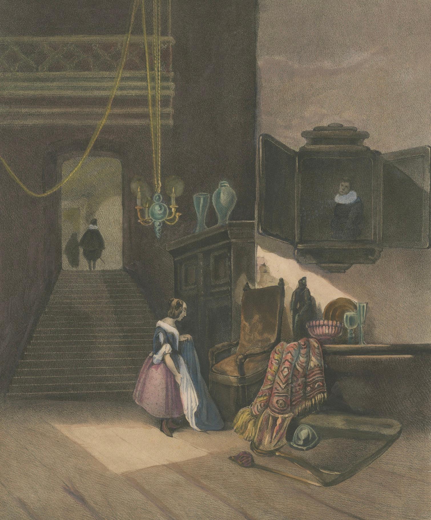 Paper 1835 Hand-Colored Lithograph: Interior of a 17th-Century Knight's Residence For Sale