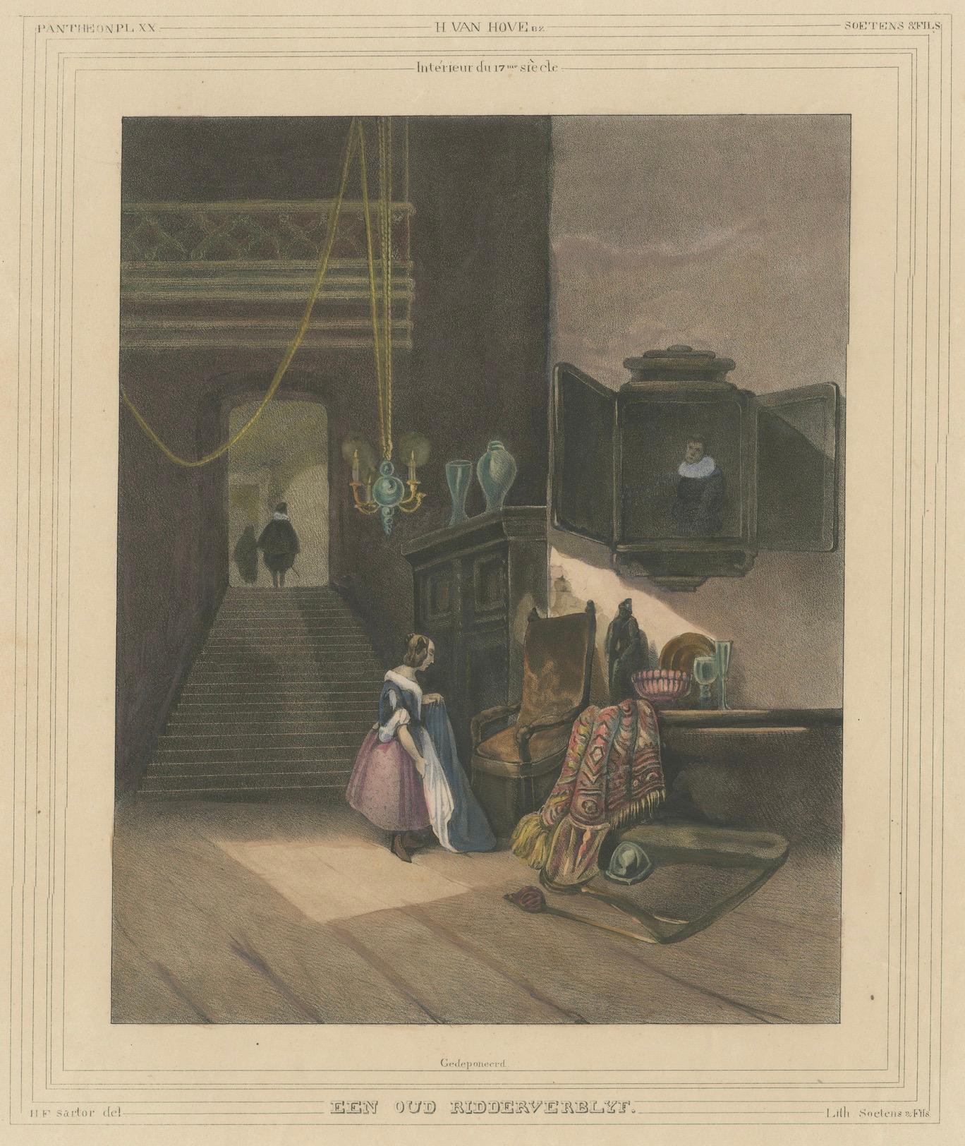 1835 Hand-Colored Lithograph: Interior of a 17th-Century Knight's Residence For Sale 1
