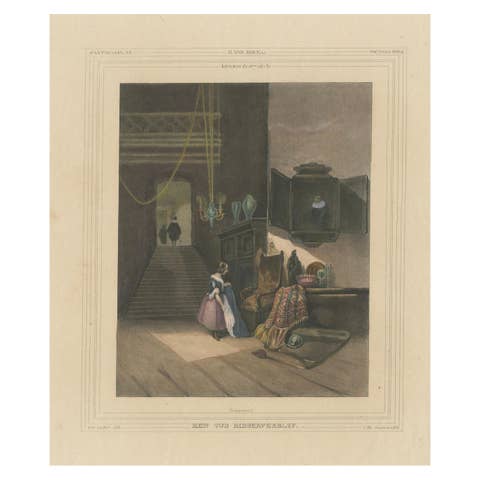 1835 Hand-Colored Lithograph: Interior of a 17th-Century Knight's Residence