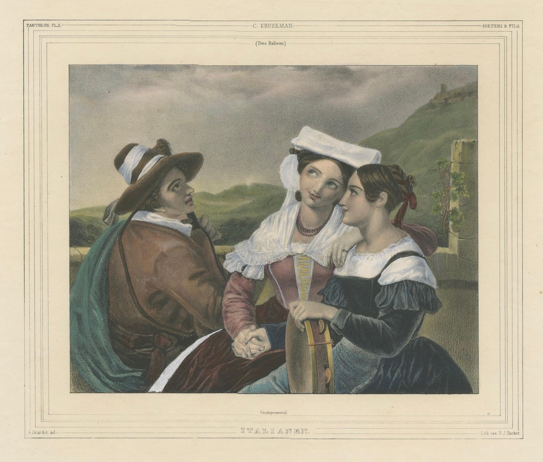 Handkolorierte Lithographie von 1835: Italienische Dorfbewohner im Gespräch im Zustand „Gut“ im Angebot in Langweer, NL