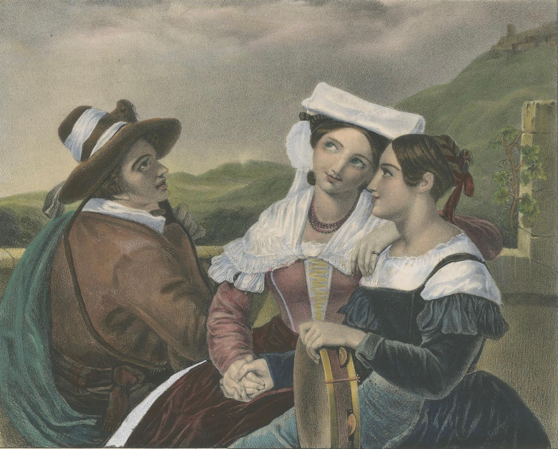 Handkolorierte Lithographie von 1835: Italienische Dorfbewohner im Gespräch (Mittleres 19. Jahrhundert) im Angebot