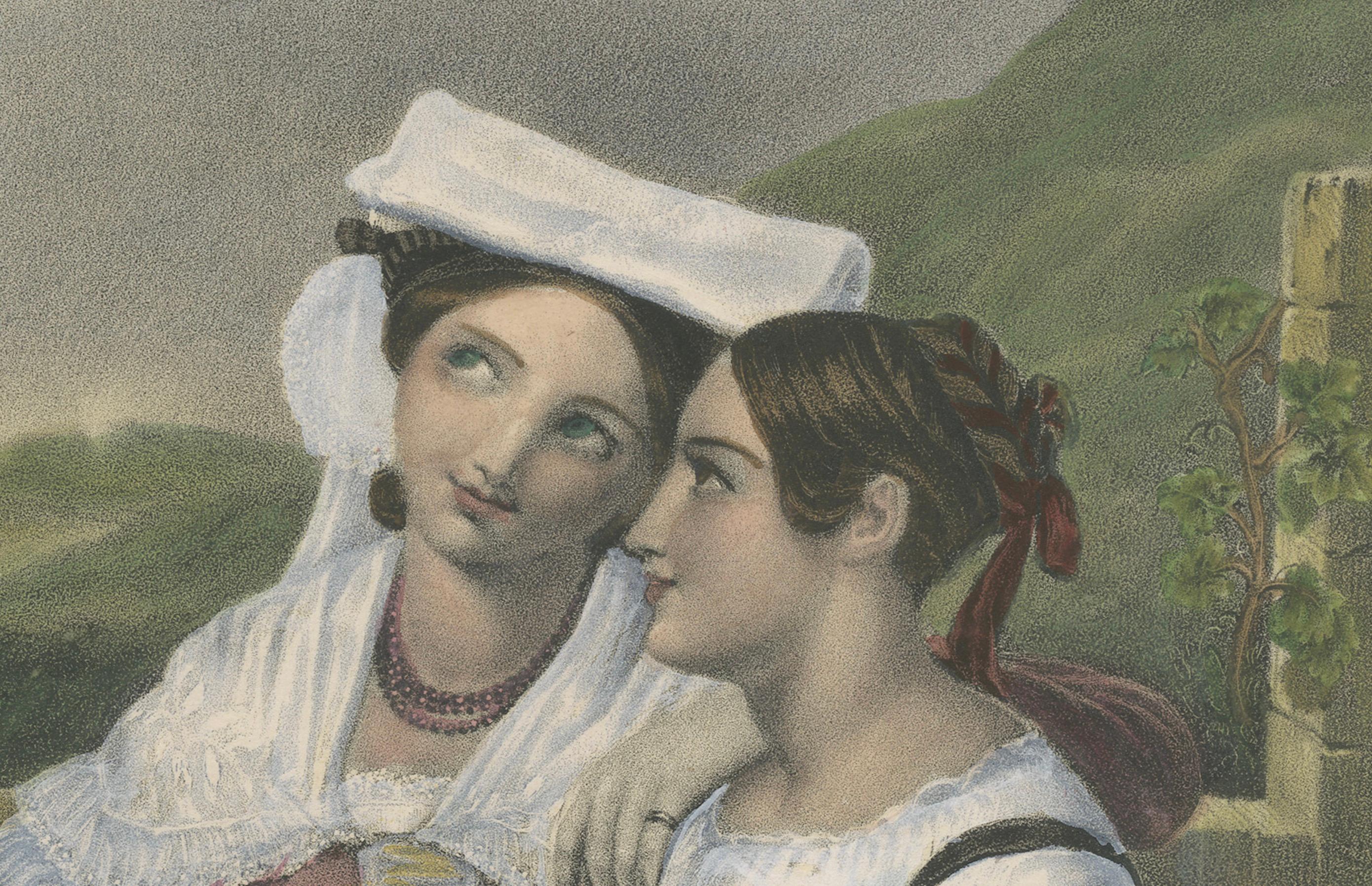 Handkolorierte Lithographie von 1835: Italienische Dorfbewohner im Gespräch (Papier) im Angebot