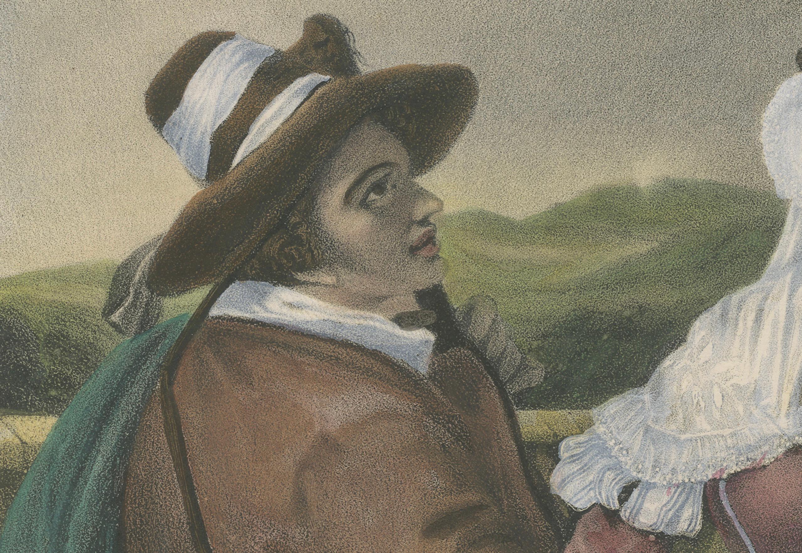 Handkolorierte Lithographie von 1835: Italienische Dorfbewohner im Gespräch im Angebot 1