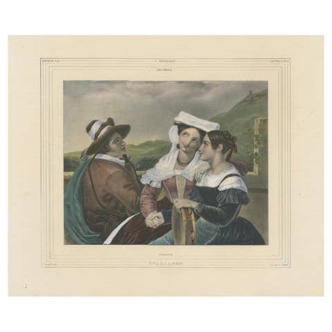 1835 Hand-Colored Lithograph: Italian Villagers in Conversation