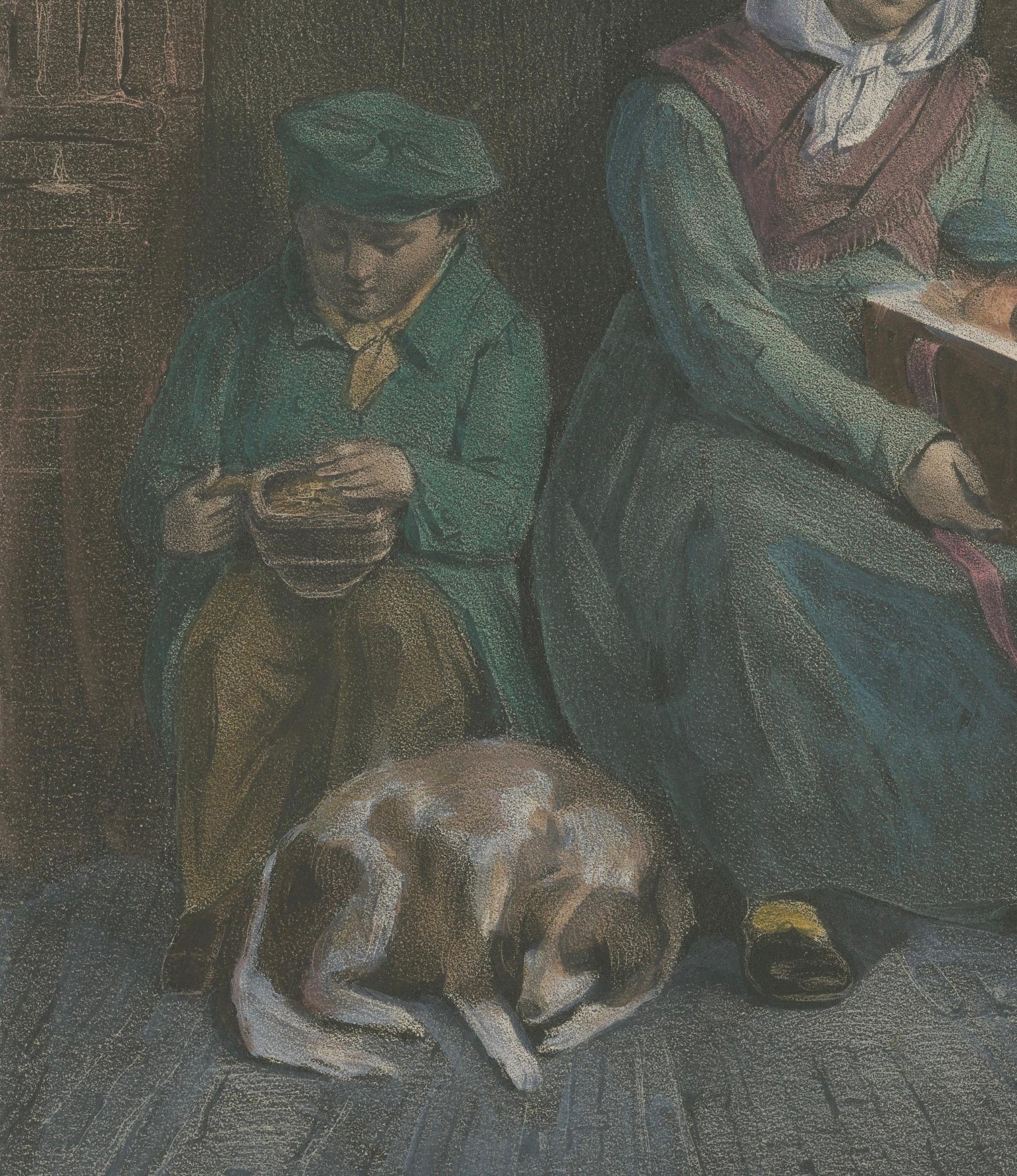 Handkolorierte Lithographie von 1835: Armen Kinder – Eine Szene aus Armut und Mitgefühl im Zustand „Relativ gut“ im Angebot in Langweer, NL