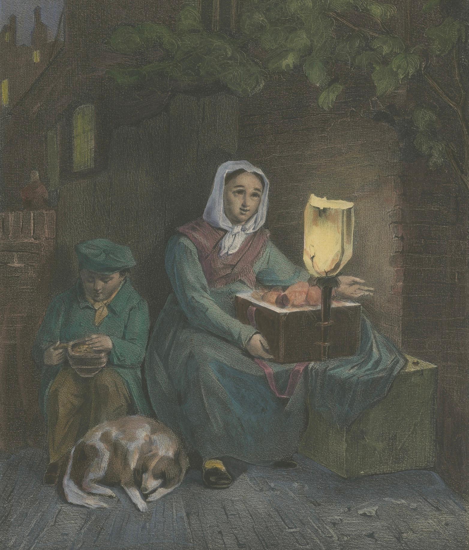 Handkolorierte Lithographie von 1835: Armen Kinder – Eine Szene aus Armut und Mitgefühl (Papier) im Angebot