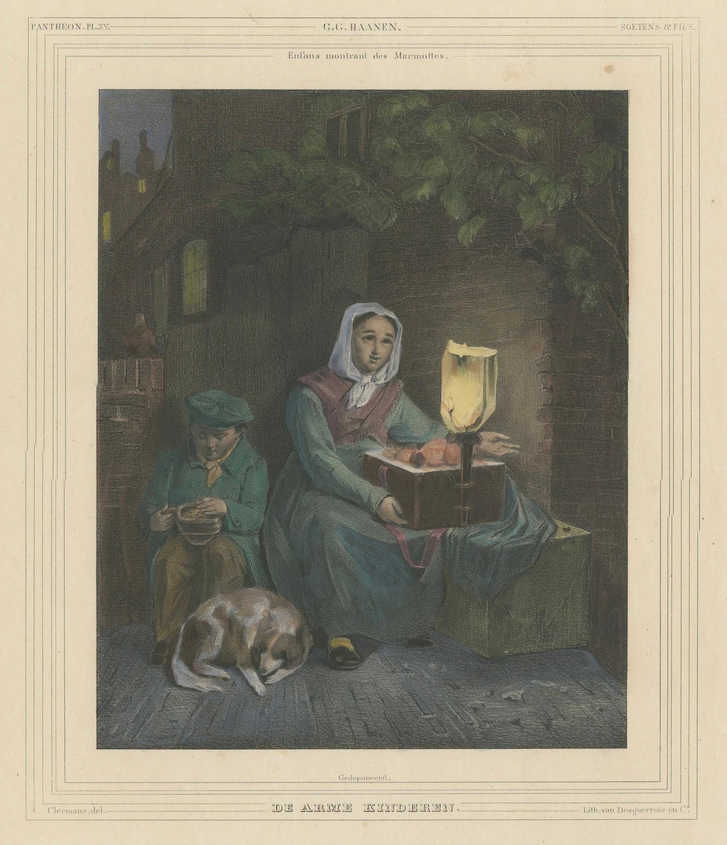 Handkolorierte Lithographie von 1835: Armen Kinder – Eine Szene aus Armut und Mitgefühl im Angebot 1