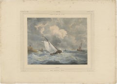 1835 Hand-Colored Lithograph: Sailboat in Stormy Seas near Texel, Holland