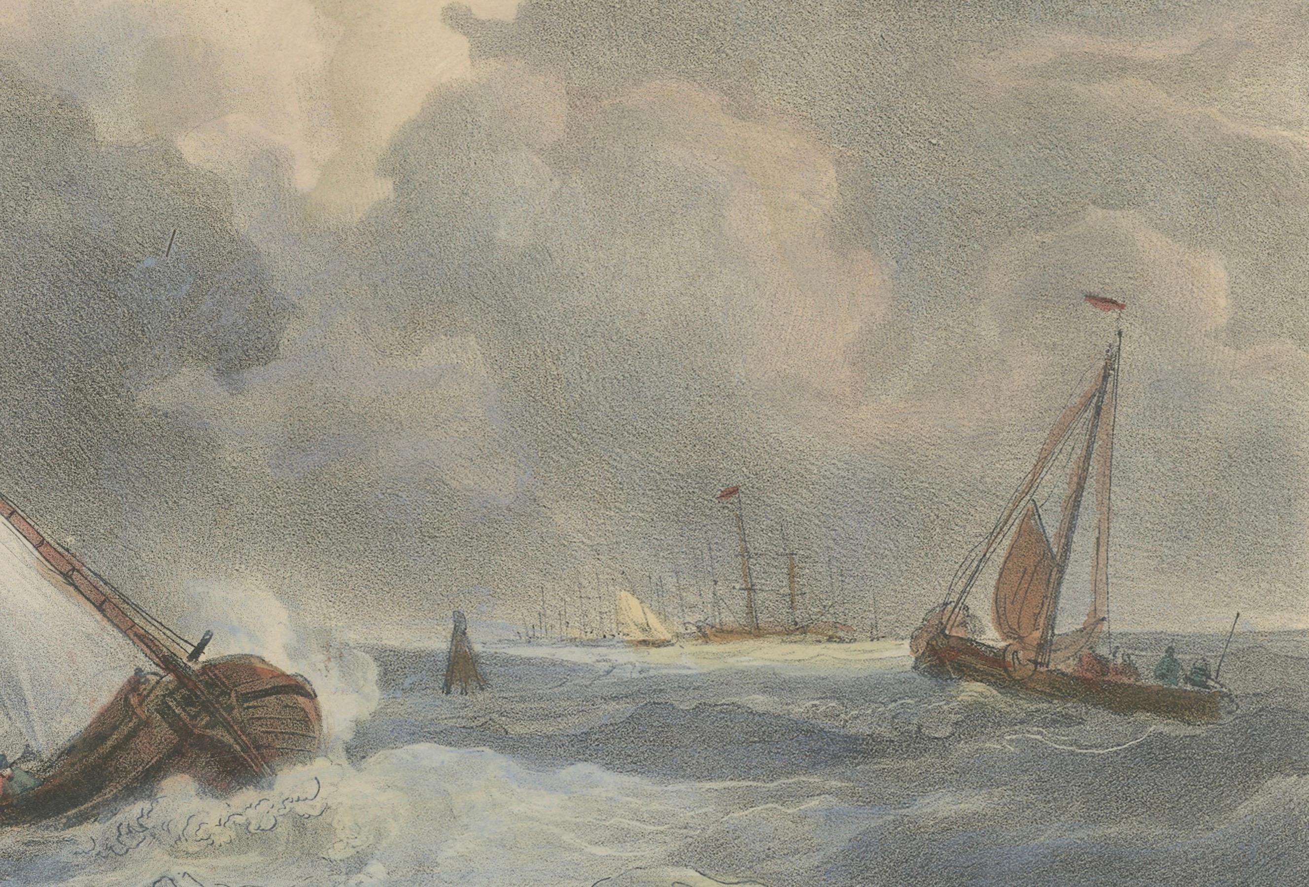 Litografía coloreada a mano de 1835: Velero en mares tormentosos cerca de Texel, Holanda en Bueno estado para la venta en Langweer, NL