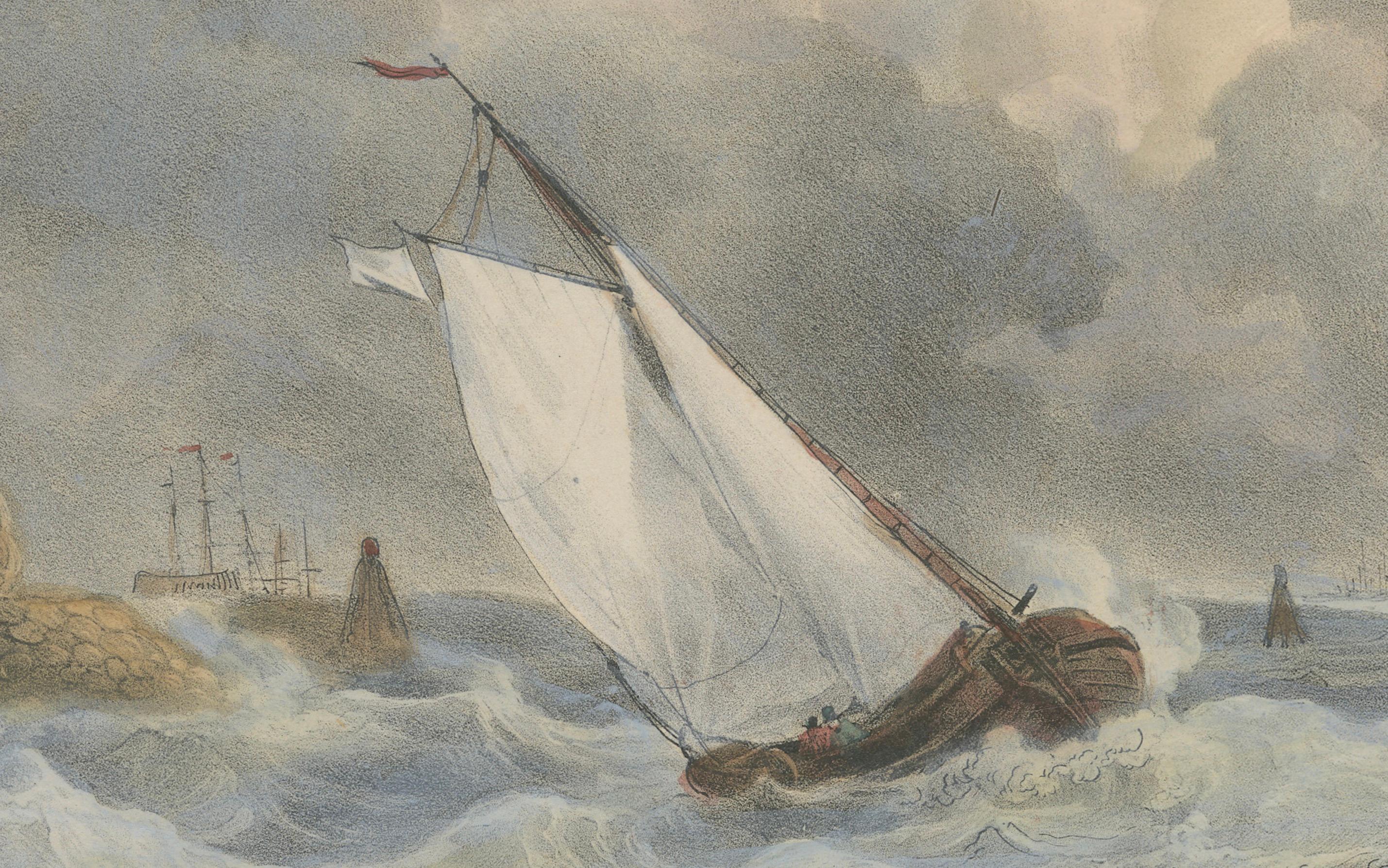 Litografía coloreada a mano de 1835: Velero en mares tormentosos cerca de Texel, Holanda Mediados del siglo XIX en venta