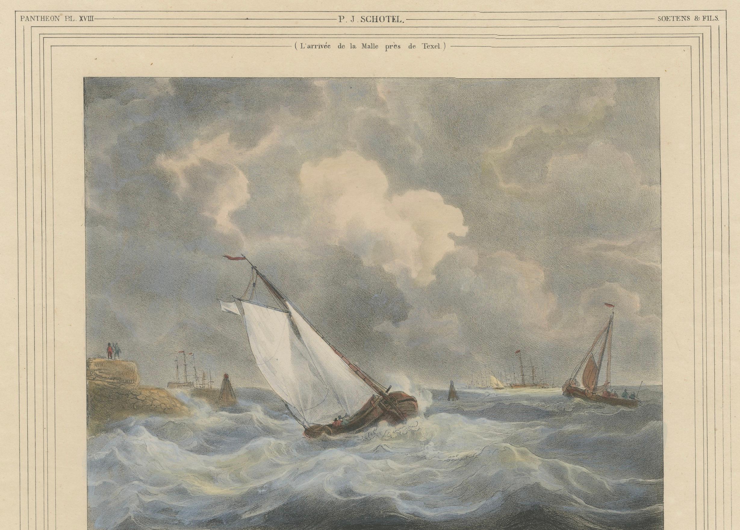 Litografía coloreada a mano de 1835: Velero en mares tormentosos cerca de Texel, Holanda en venta 1
