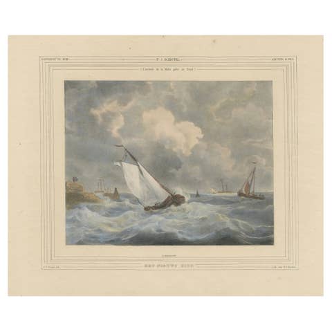 1835 Hand-Colored Lithograph: Sailboat in Stormy Seas near Texel, Holland