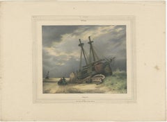 1835 Hand-Colored Lithograph: Stranded Ship in Winter Landscape