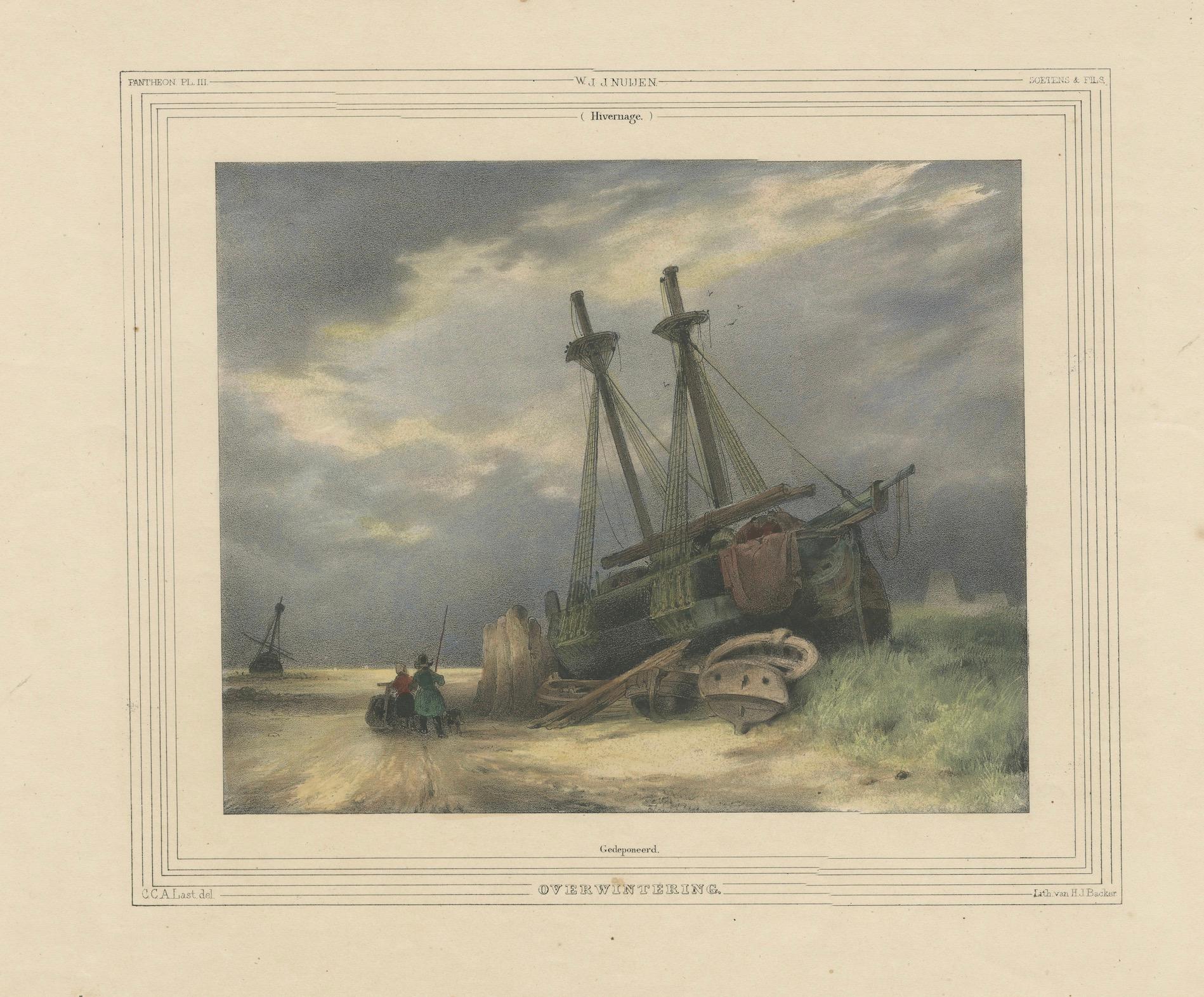 Handkolorierte Lithographie von 1835: Streifenförmiges Schiff in Winterlandschaft im Zustand „Relativ gut“ im Angebot in Langweer, NL