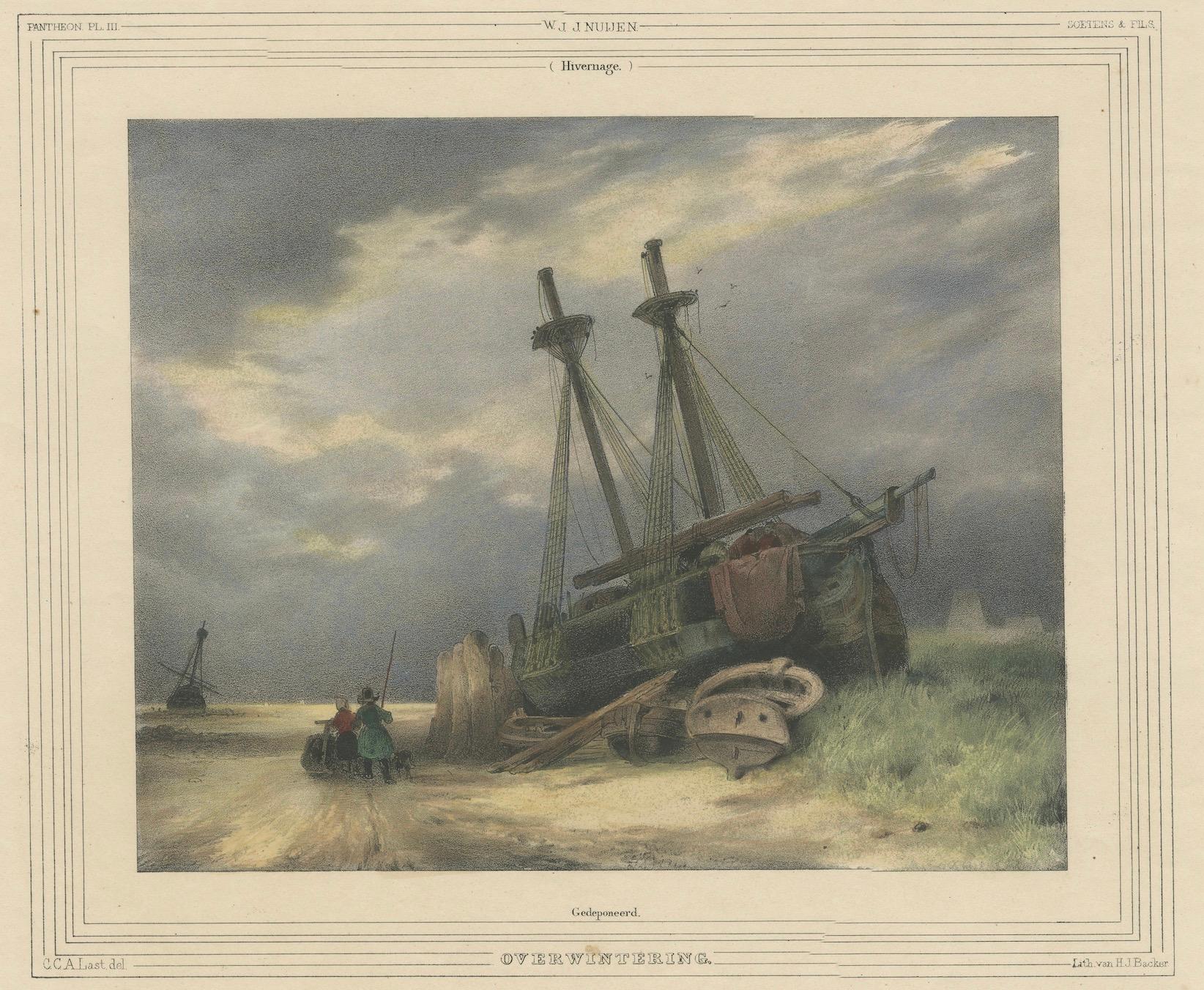 Handkolorierte Lithographie von 1835: Streifenförmiges Schiff in Winterlandschaft (Mittleres 19. Jahrhundert) im Angebot