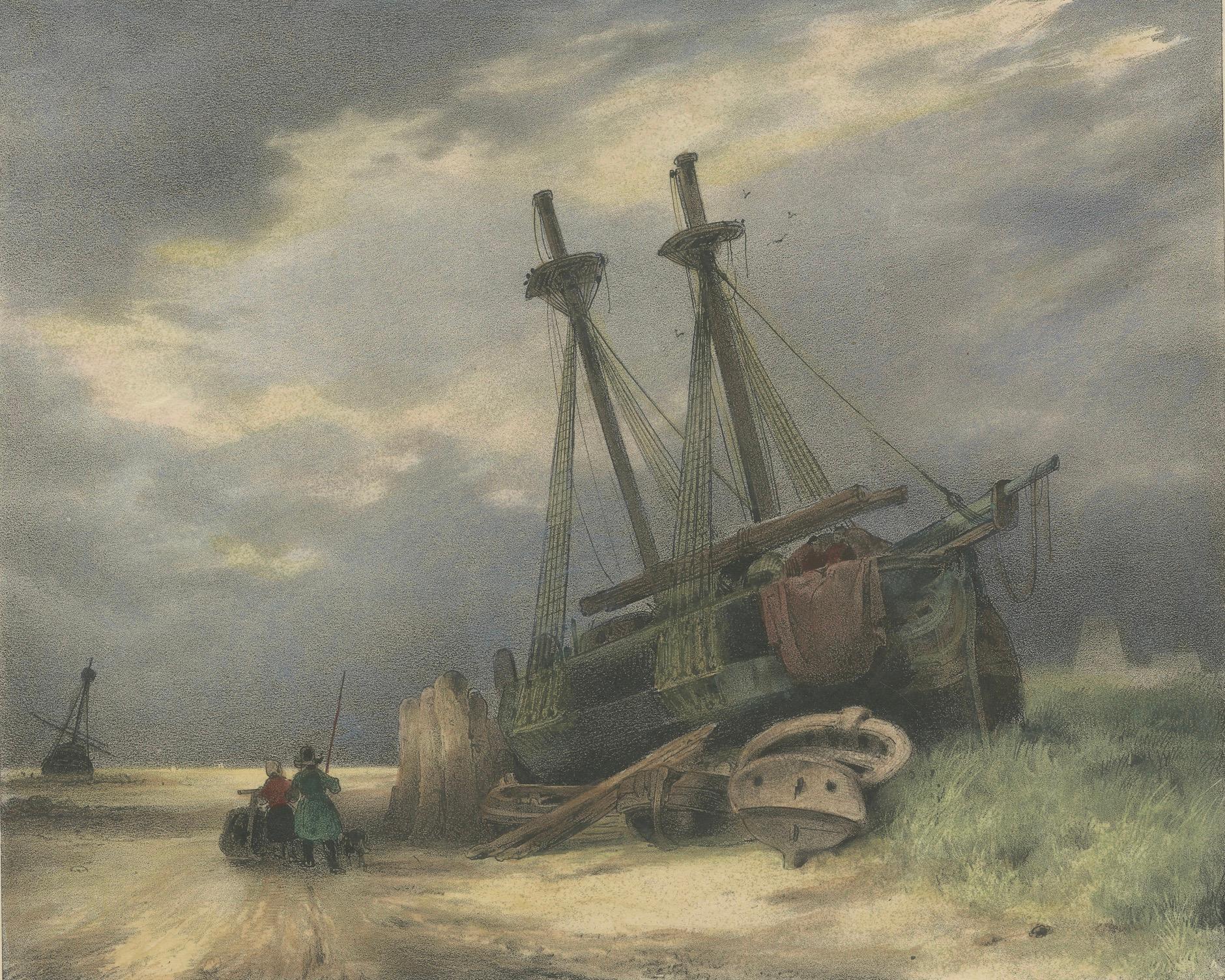 Handkolorierte Lithographie von 1835: Streifenförmiges Schiff in Winterlandschaft (Papier) im Angebot