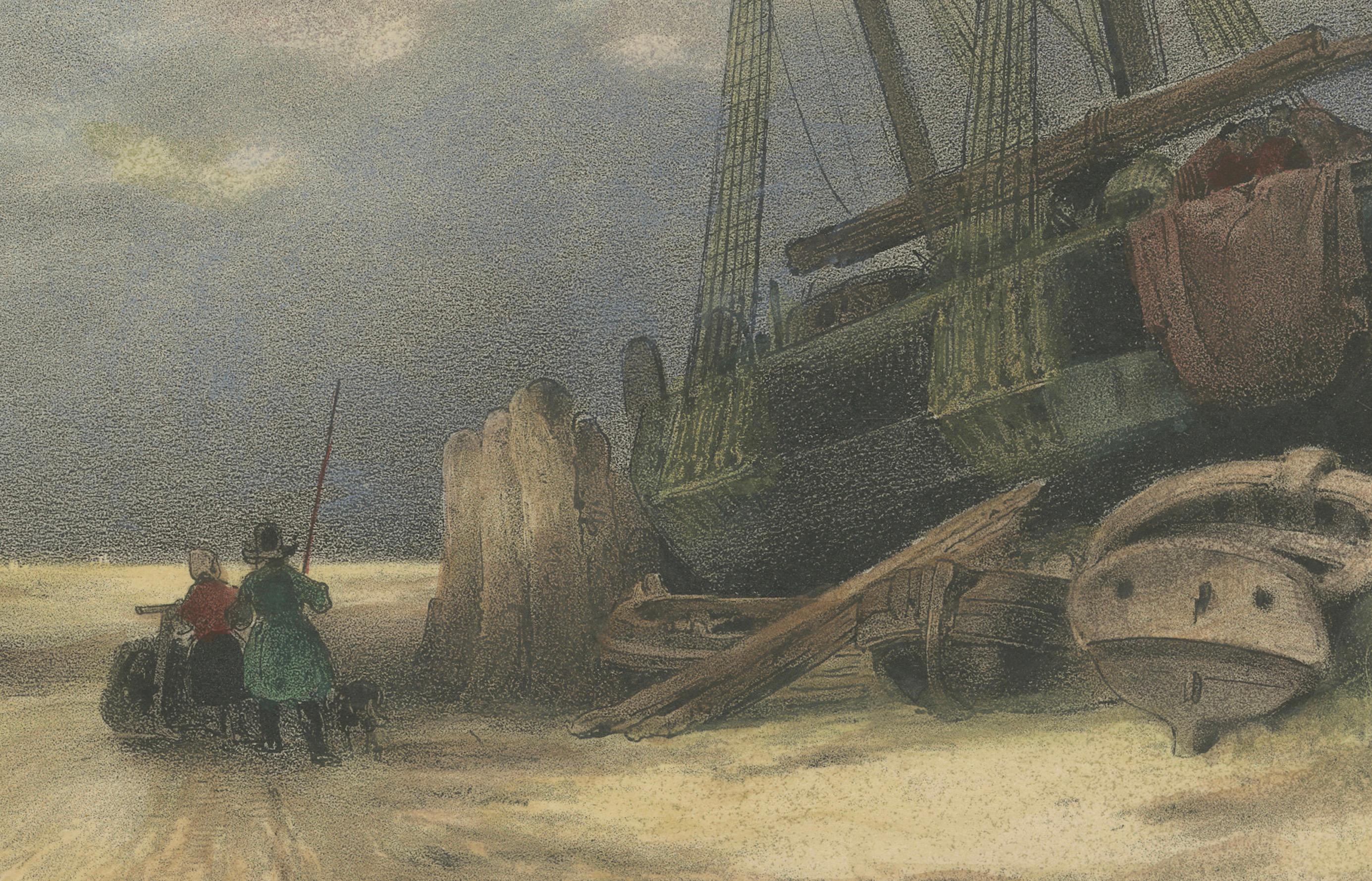 Handkolorierte Lithographie von 1835: Streifenförmiges Schiff in Winterlandschaft im Angebot 1