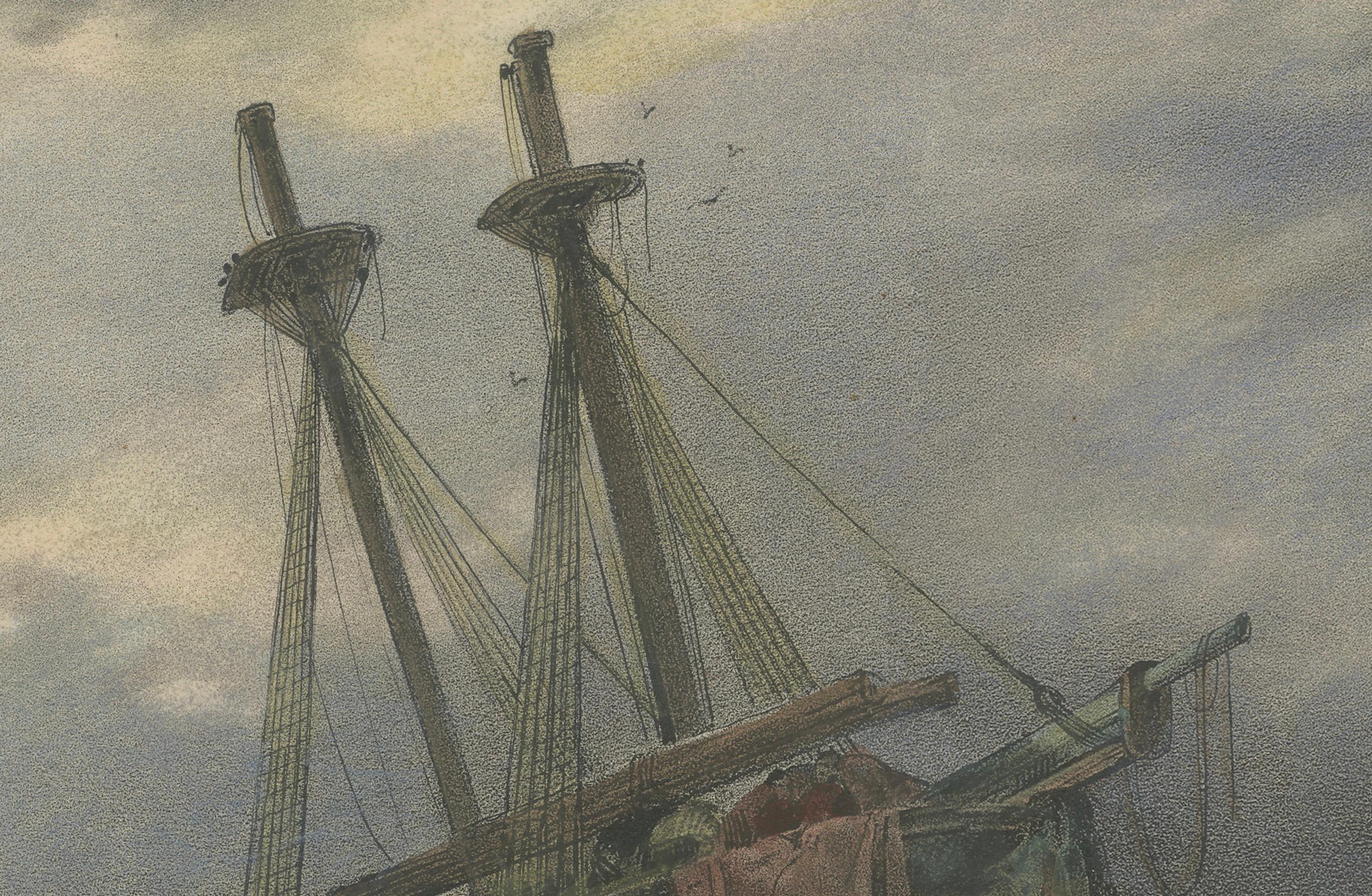 Handkolorierte Lithographie von 1835: Streifenförmiges Schiff in Winterlandschaft im Angebot 2