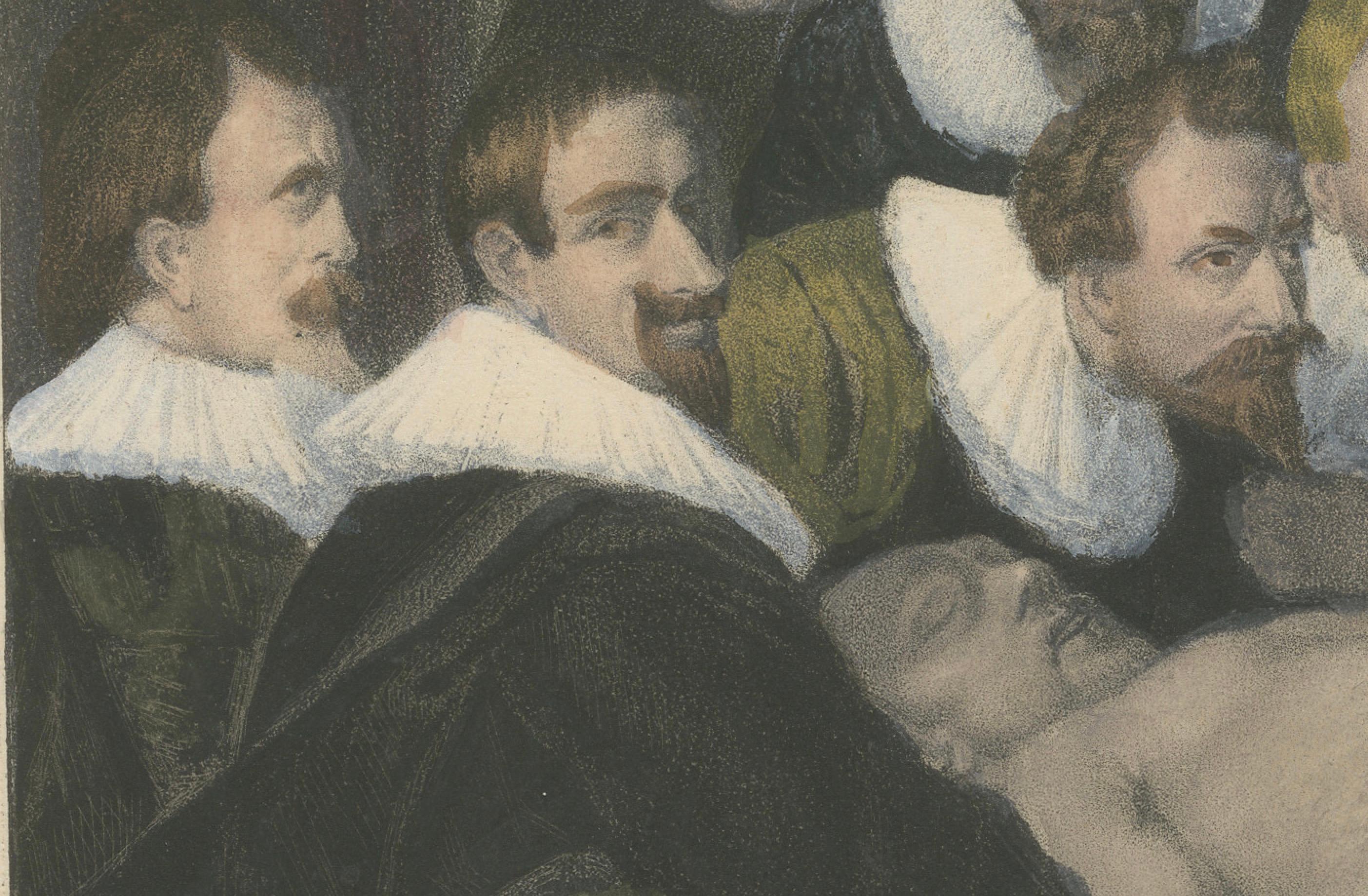 Handkolorierte Lithographie von 1835: Anatomieunterricht – Nach Rembrandt (Mittleres 19. Jahrhundert) im Angebot
