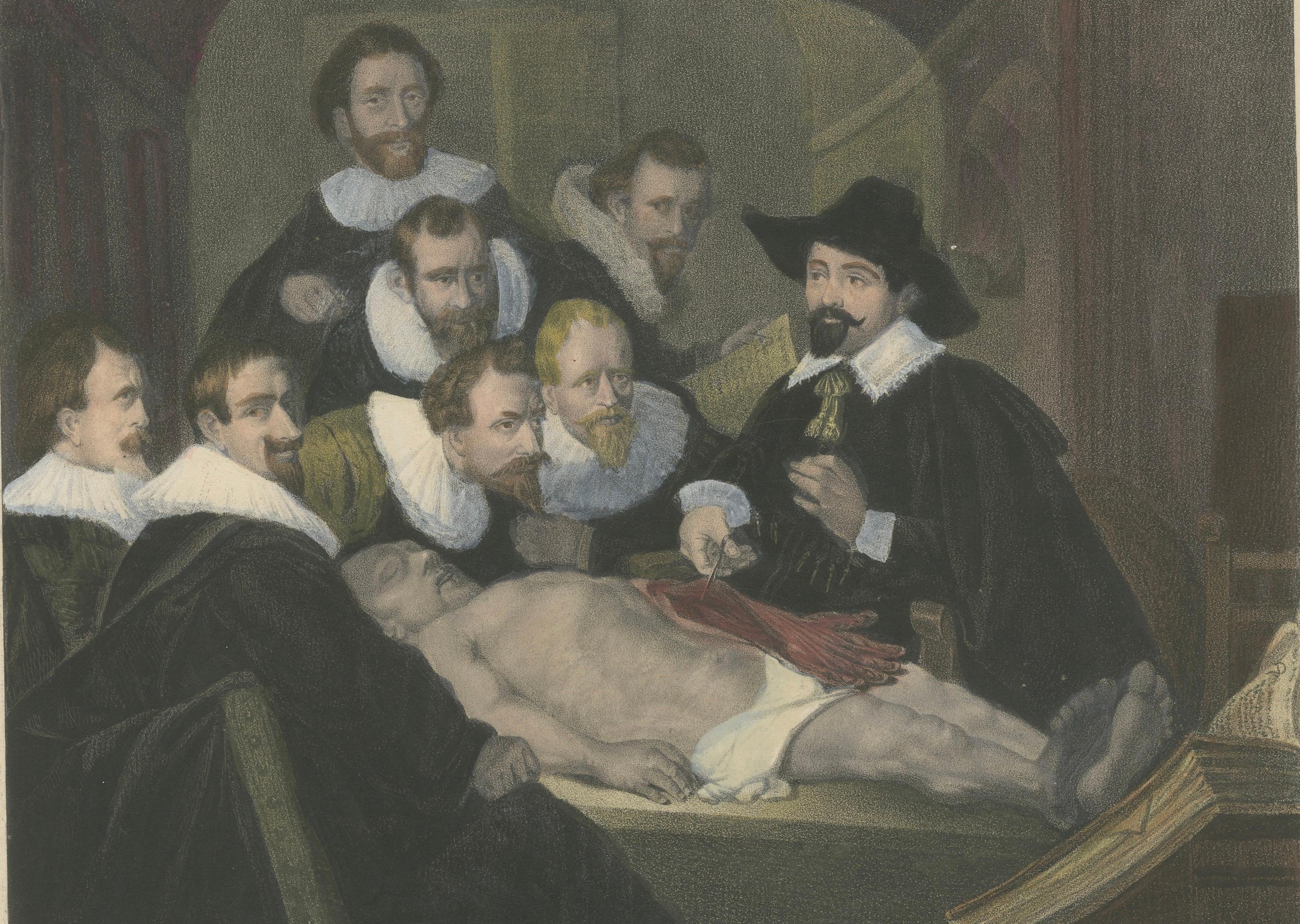 Handkolorierte Lithographie von 1835: Anatomieunterricht – Nach Rembrandt im Angebot 1