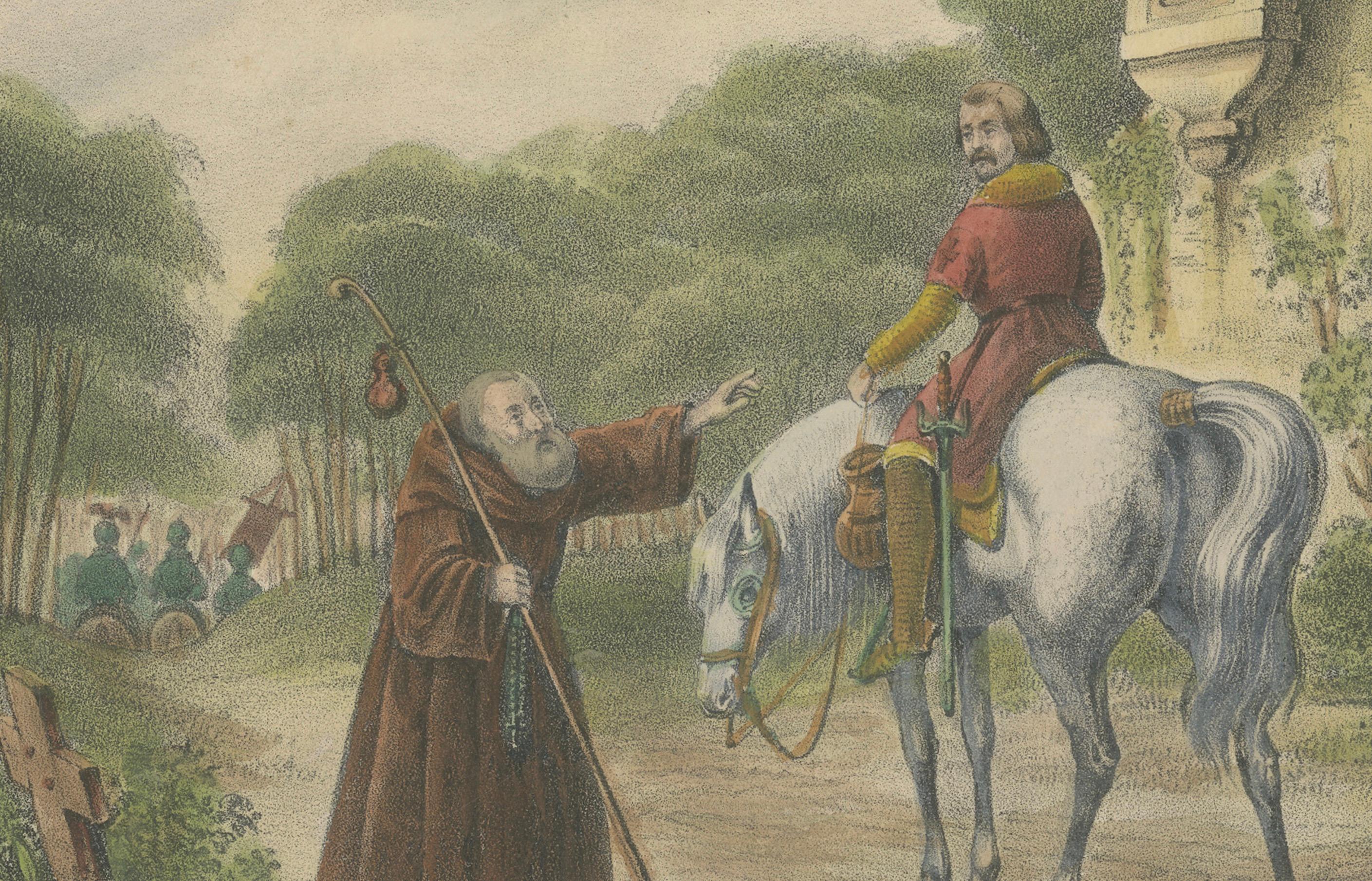 1835 Handkolorierte Lithographie: The Crusaders' Departure for the Holy Land (Mittleres 19. Jahrhundert) im Angebot