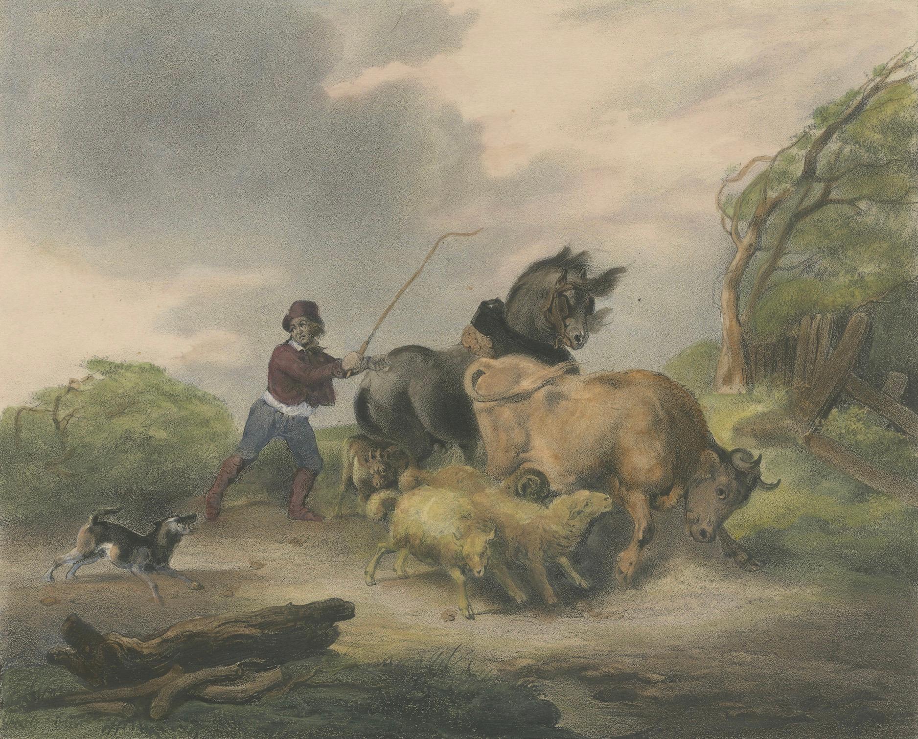 1835 Handkolorierte Lithographie: The Hurricane - Farmer im Kampf mit dem Sturm im Zustand „Gut“ im Angebot in Langweer, NL
