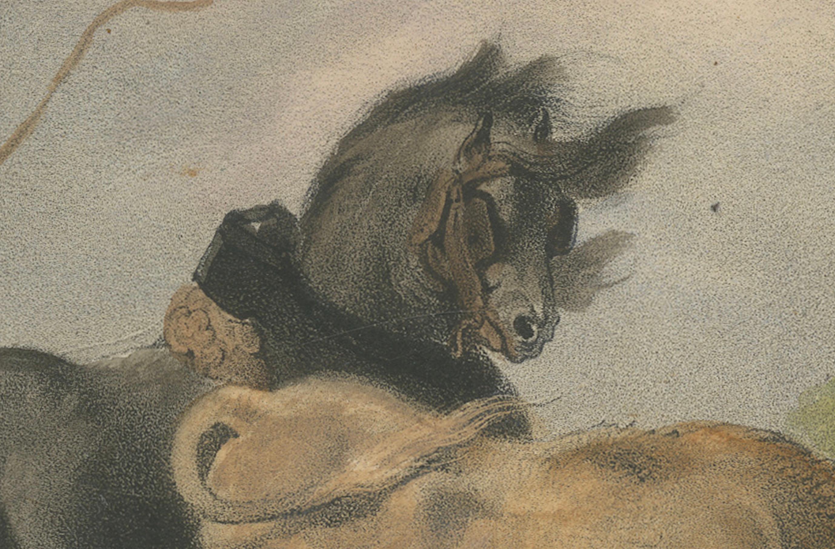 1835 Handkolorierte Lithographie: The Hurricane - Farmer im Kampf mit dem Sturm (Mittleres 19. Jahrhundert) im Angebot