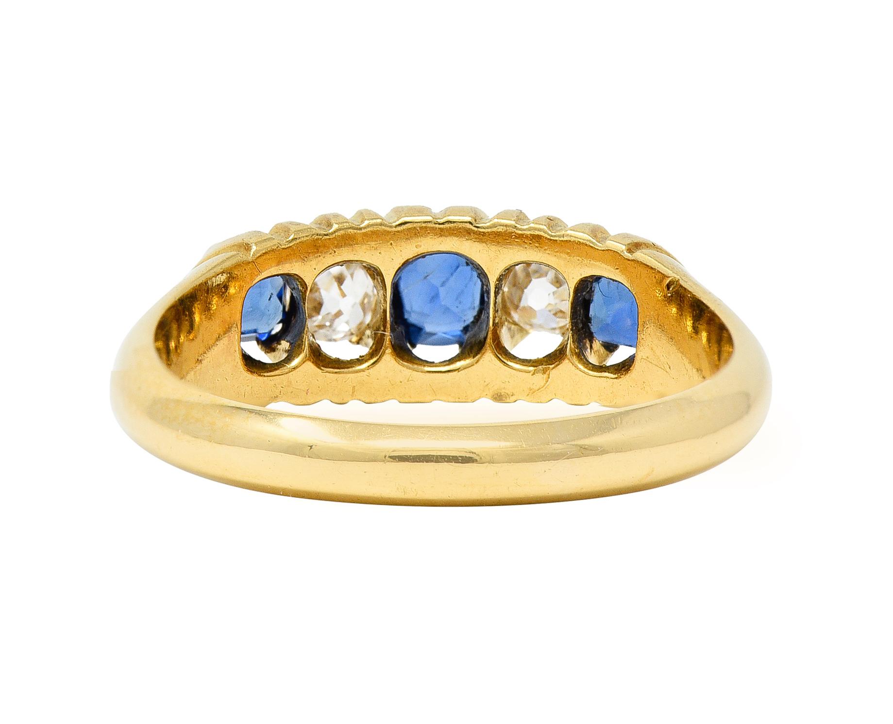 Women's or Men's 1835 Victorian 1.02 CTW Old Mine Cut Diamond Sapphire 18 Karat Yellow Gold Ring For Sale