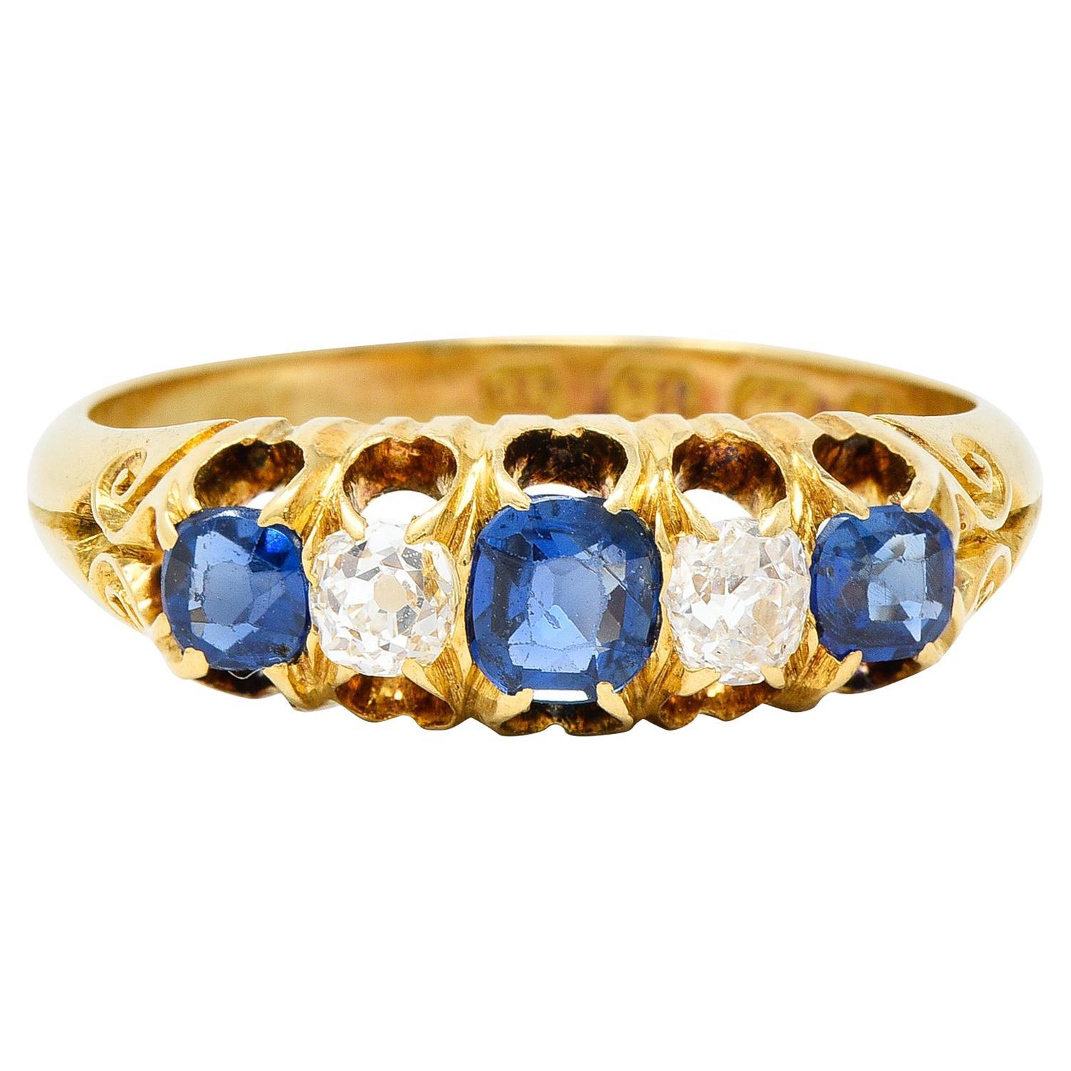 1835 Victorian 1.02 CTW Old Mine Cut Diamond Sapphire 18 Karat Yellow Gold Ring