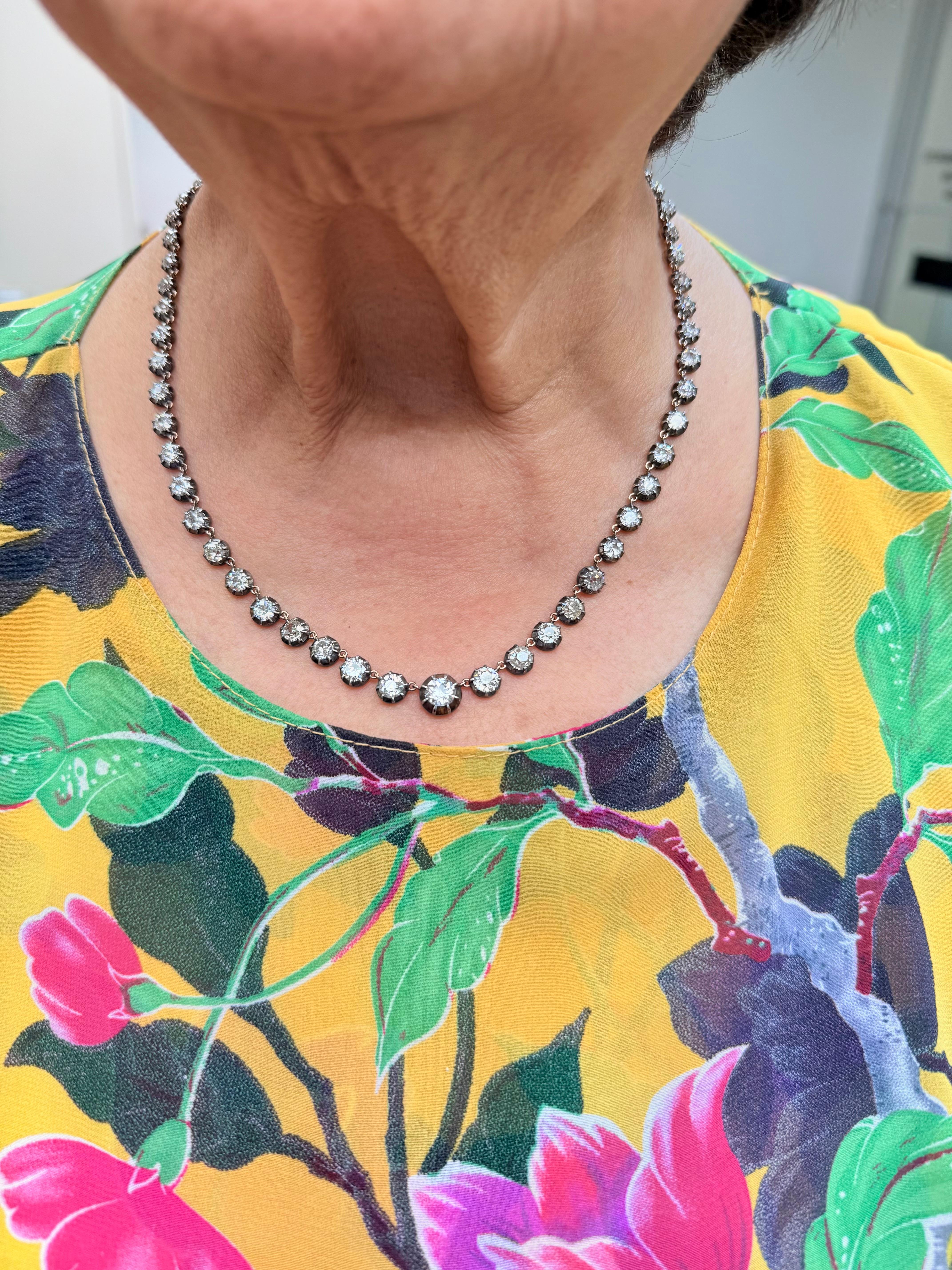 Collana Riviera con diamanti taglio Old Mine da 18,36 carati.

La collana Diamond Riviera è di ispirazione vintage ed è incastonata con 18,36 carati di diamanti Old-Mine-Cut. I diamanti sono incastonati in montature a griffe di dimensioni variabili.