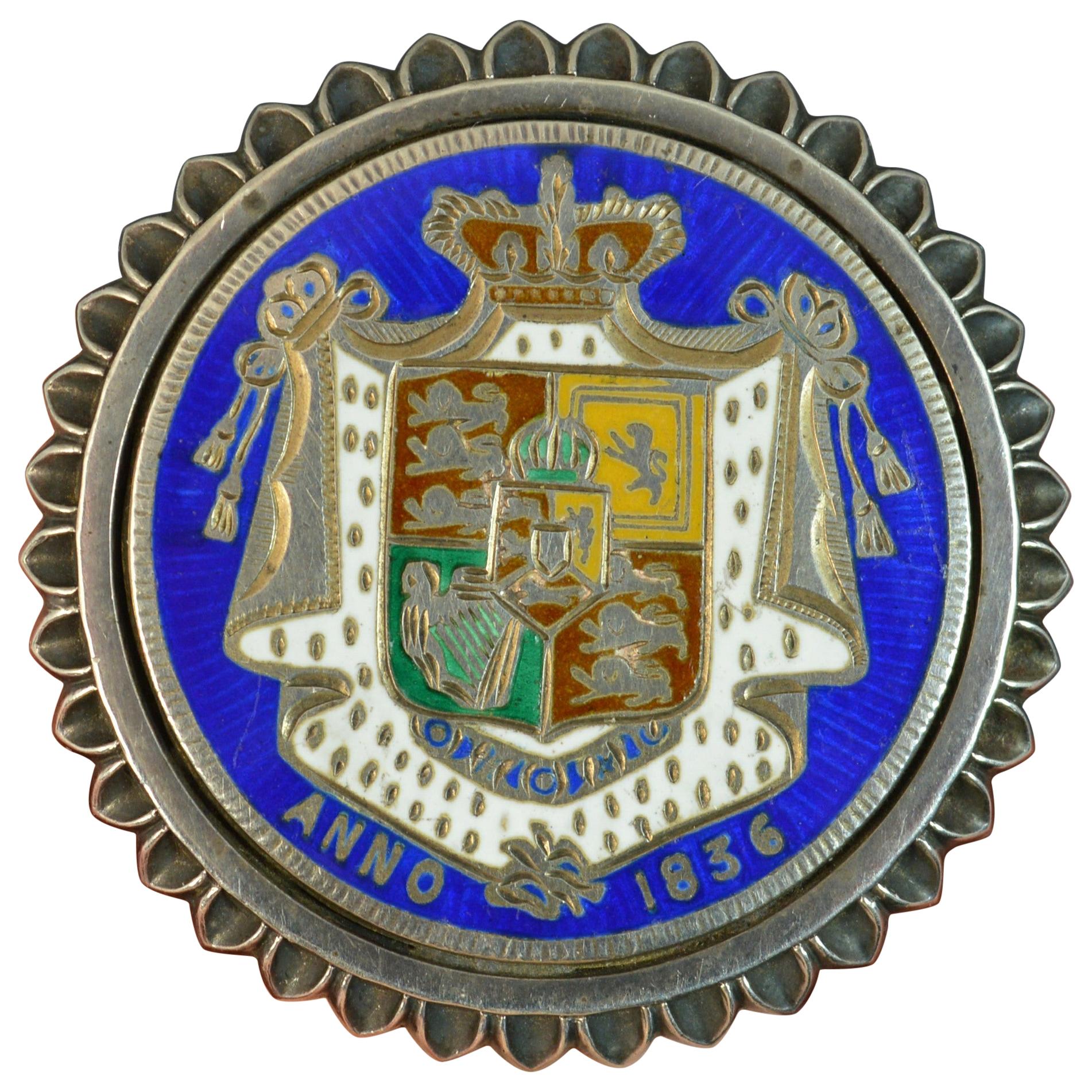 1836 William IV Half Crown Sterling Silver and Enamel Locket Brooch