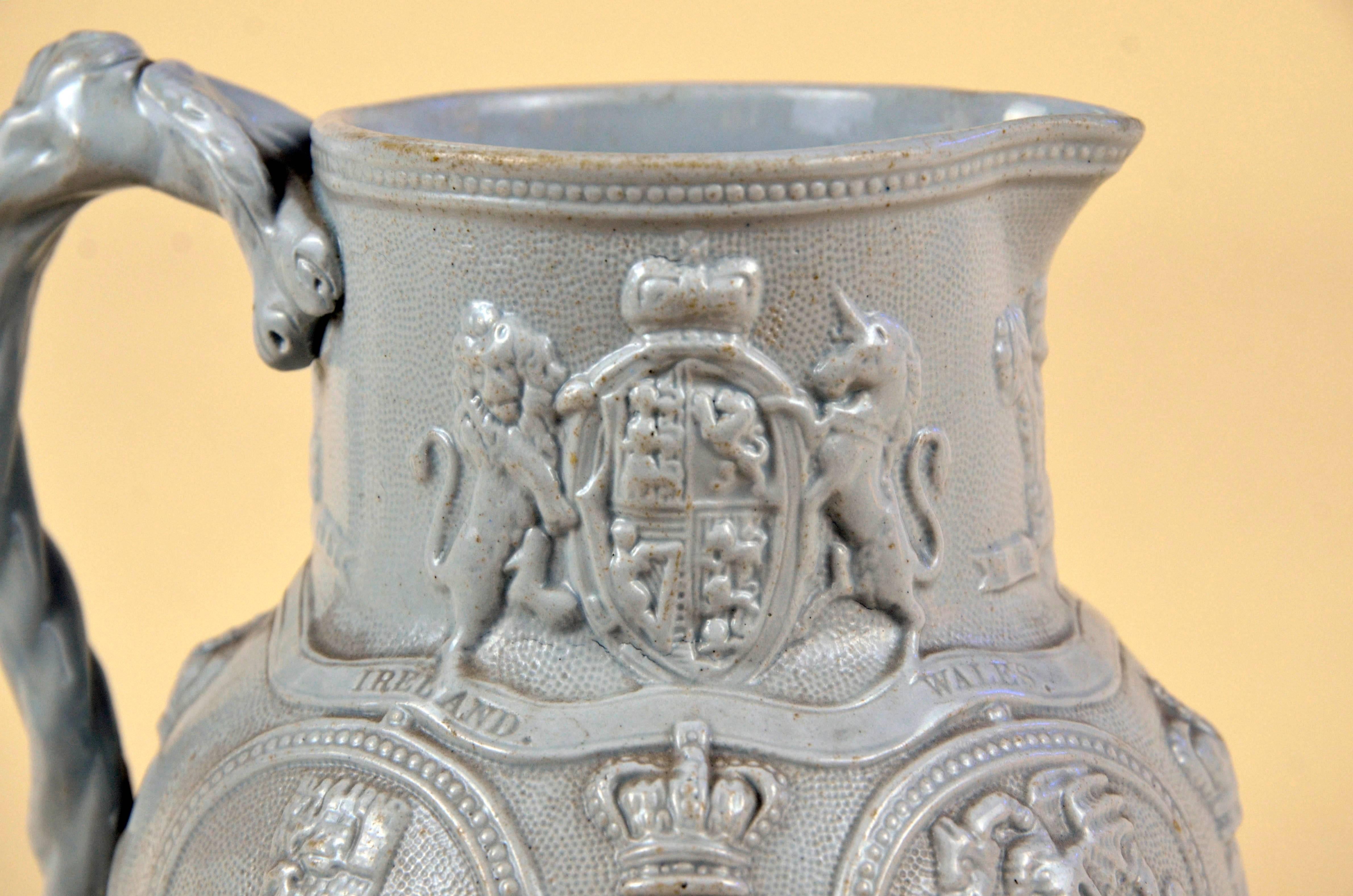1836s Victorian William Brownfield Blue-Grey Four Nations Albion' Stoneware Jug For Sale 3