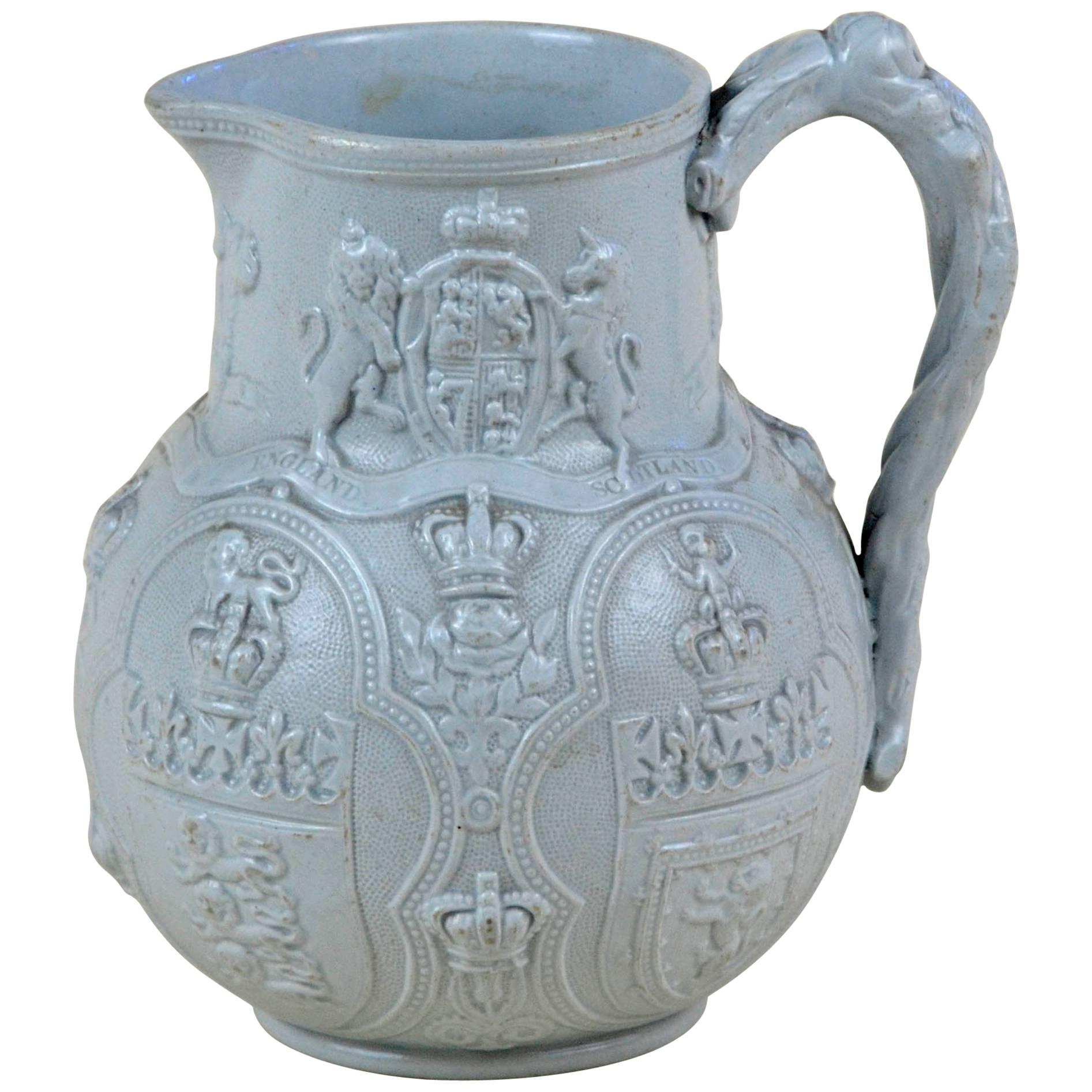 1836s Victorian William Brownfield Blue-Grey Four Nations Albion' Stoneware Jug For Sale