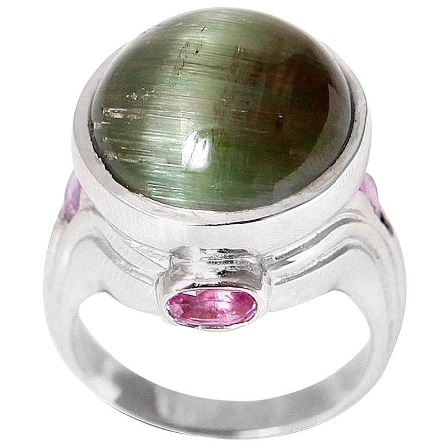 18.37 Carat Cat’s Eye Green Tourmaline Pink Sapphires 18 Karat White Gold Ring For Sale