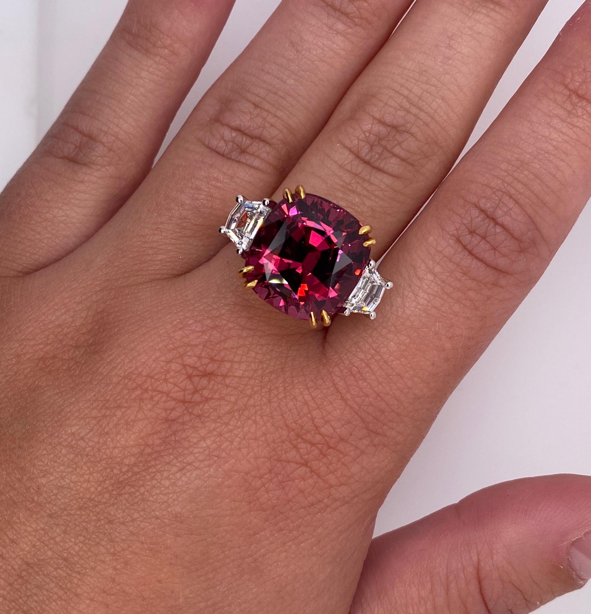 Contemporary 18.37 Carat Cushion Red Spinel and Diamond Platinum and 18K Ring For Sale