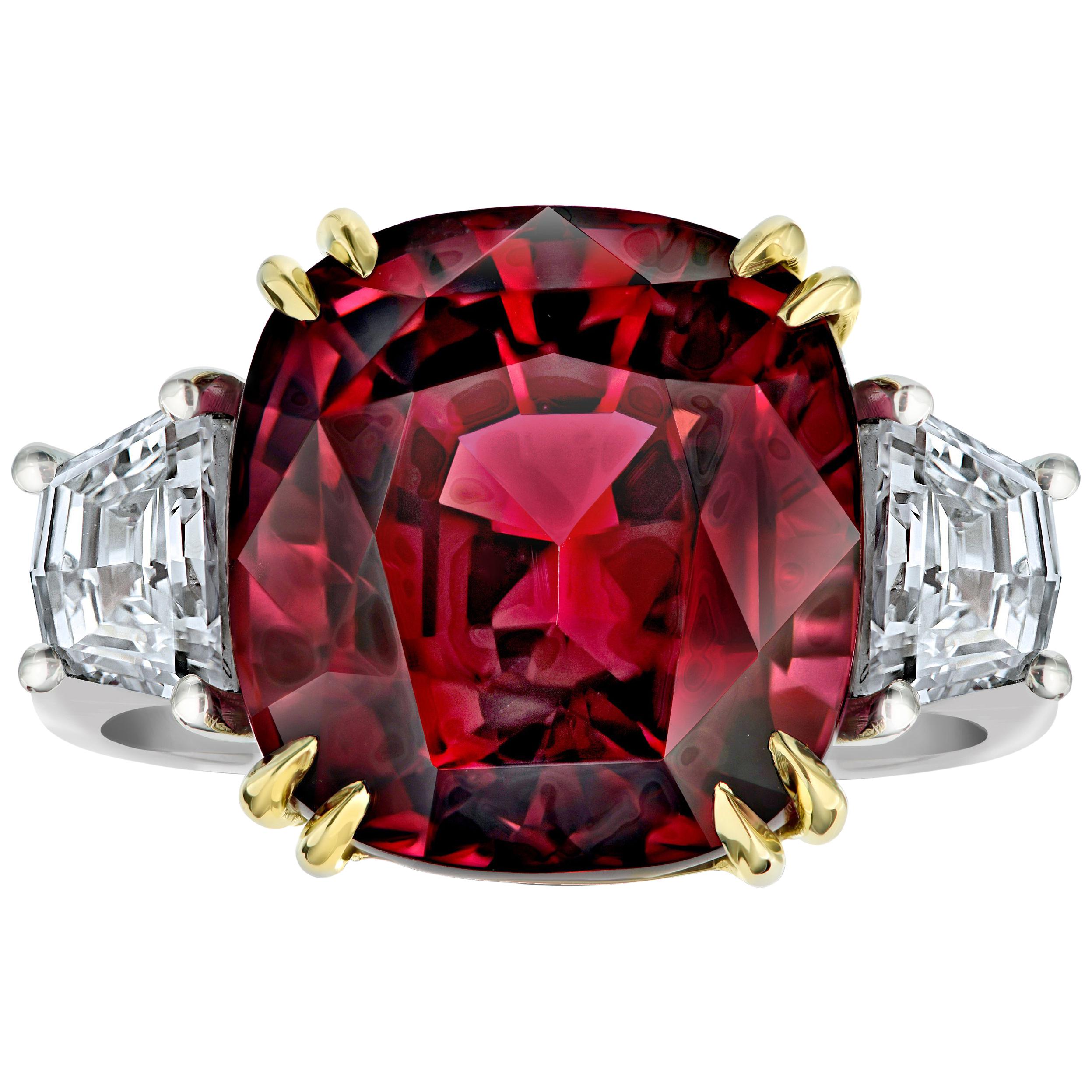 18.37 Carat Cushion Red Spinel and Diamond Platinum and 18K Ring For Sale