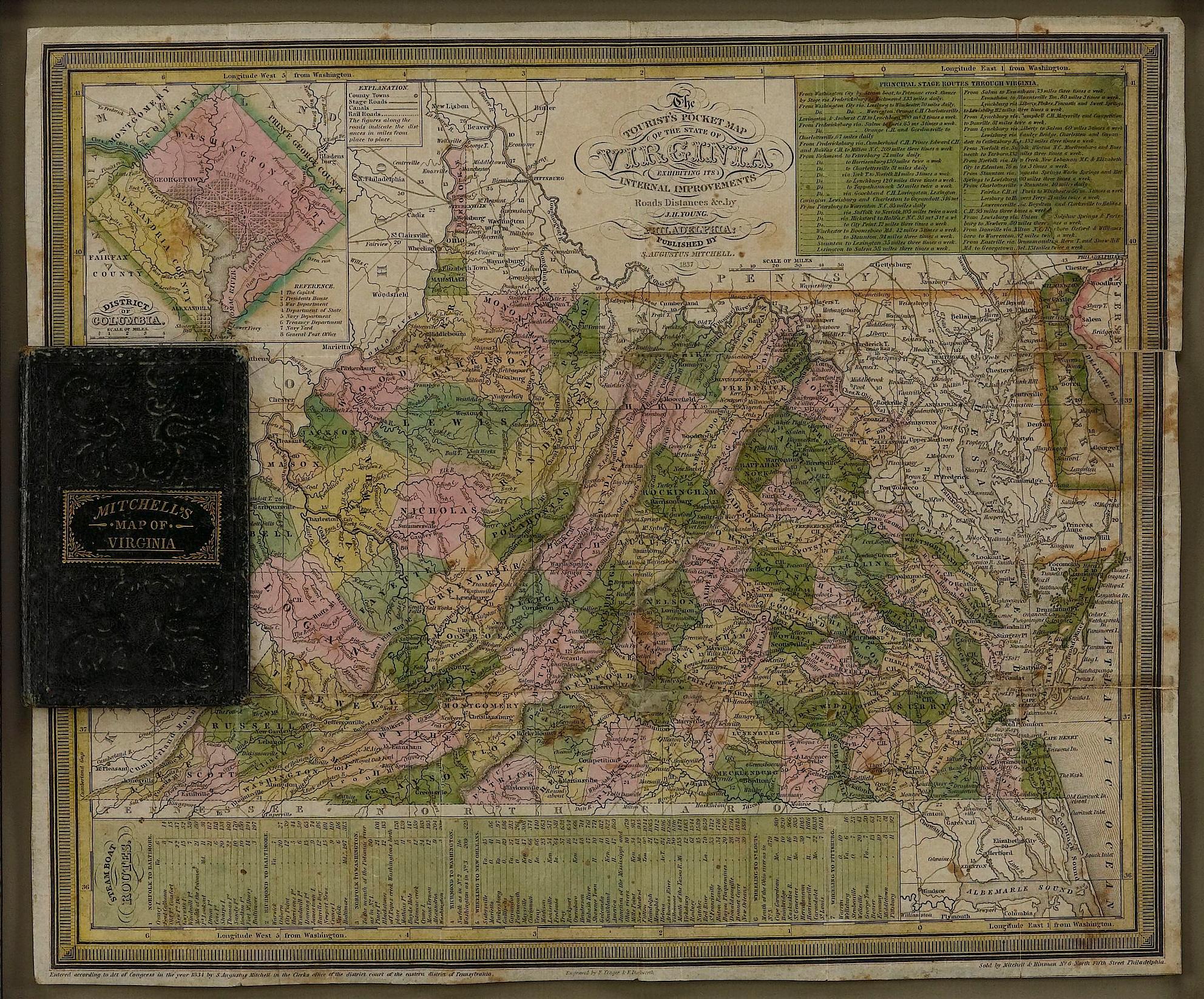1837 Mitchells „Tourist's Pocket Map of the State of Virginia“ von J.H. Junge (amerikanisch) im Angebot