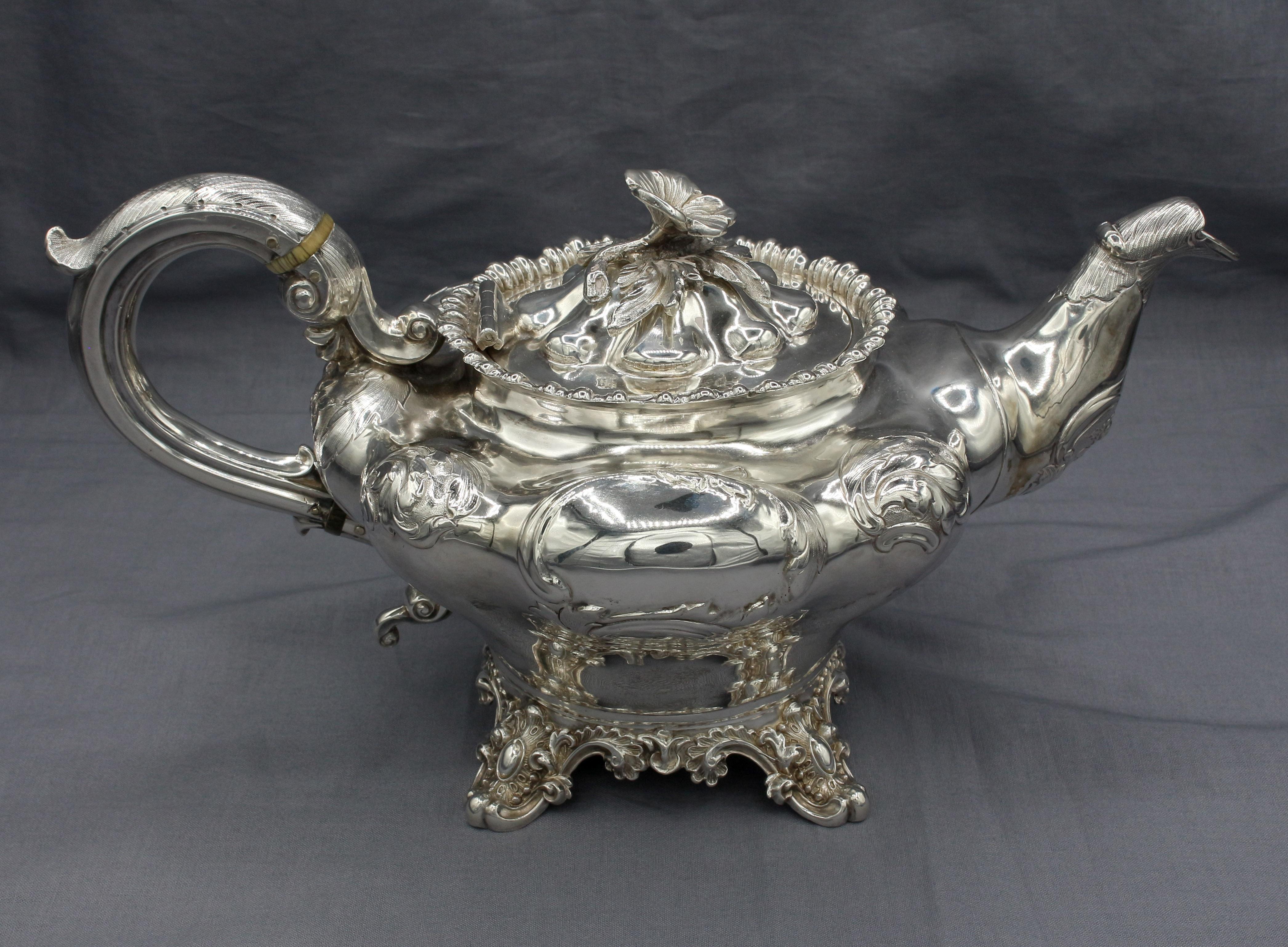 Rococo Revival 1838 & 1839 English Sterling Silver 3-Piece Tea Set By John Edward Terrey