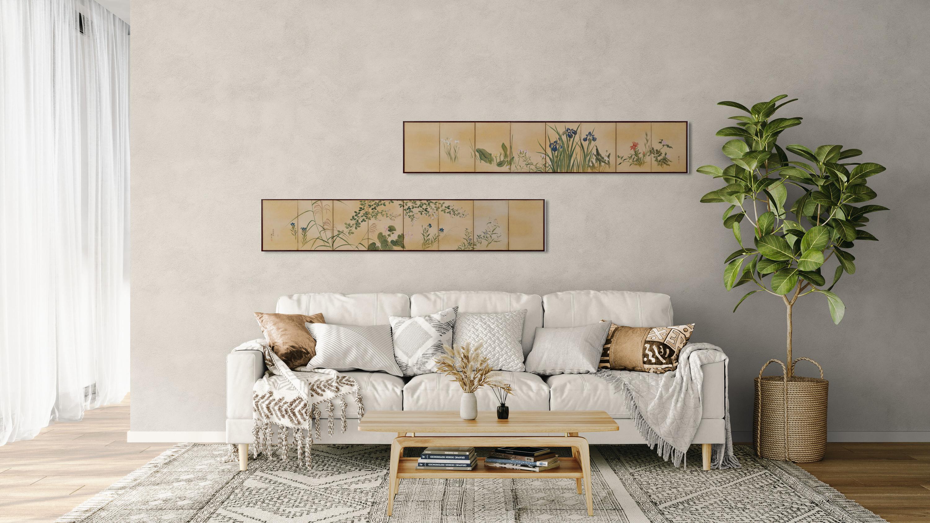 Maruyama Oshin (1790-1838)
Flores y hierbas de las cuatro estaciones: fechado en 1838
Pareja de biombos japoneses de ocho paneles; tinta, color y pan de oro sobre seda
Dimensiones: cada una (2) H. 38,5  cm x W. 218.5 cm (15” x 86”)

Este par de