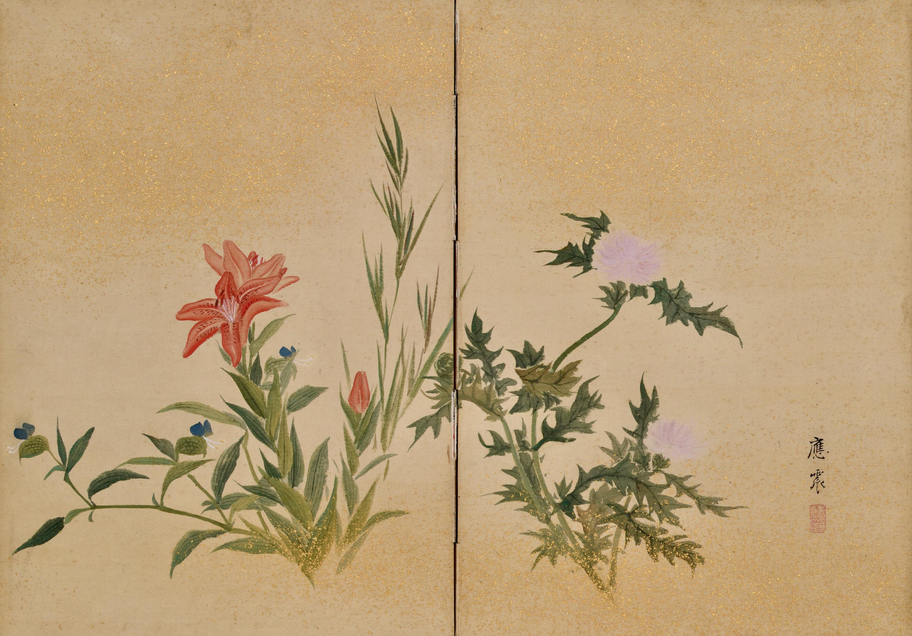 Par de biombos japoneses de 1838. Flores y Hierbas de las Cuatro Estaciones. Edo en venta