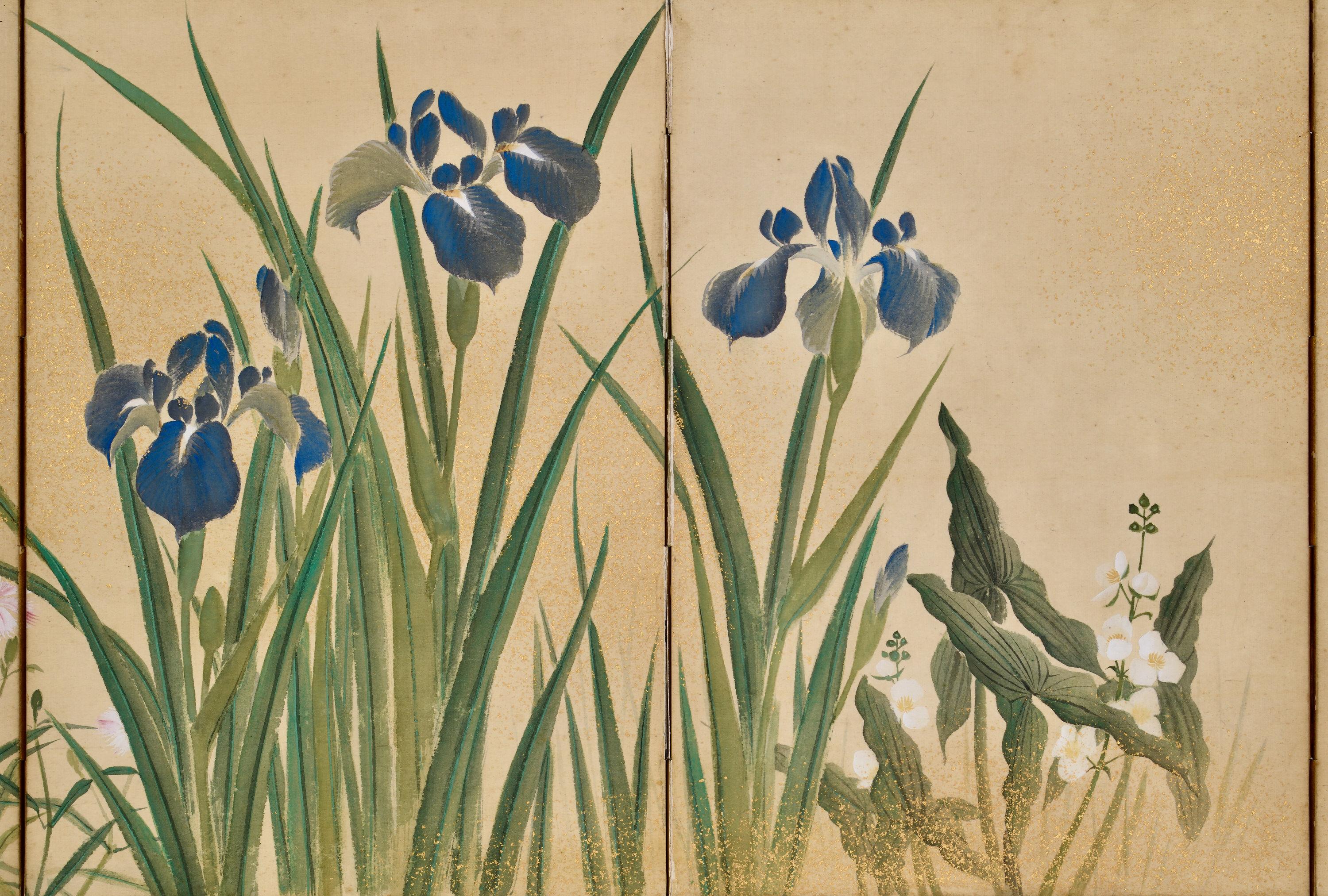 Par de biombos japoneses de 1838. Flores y Hierbas de las Cuatro Estaciones. Japonés en venta