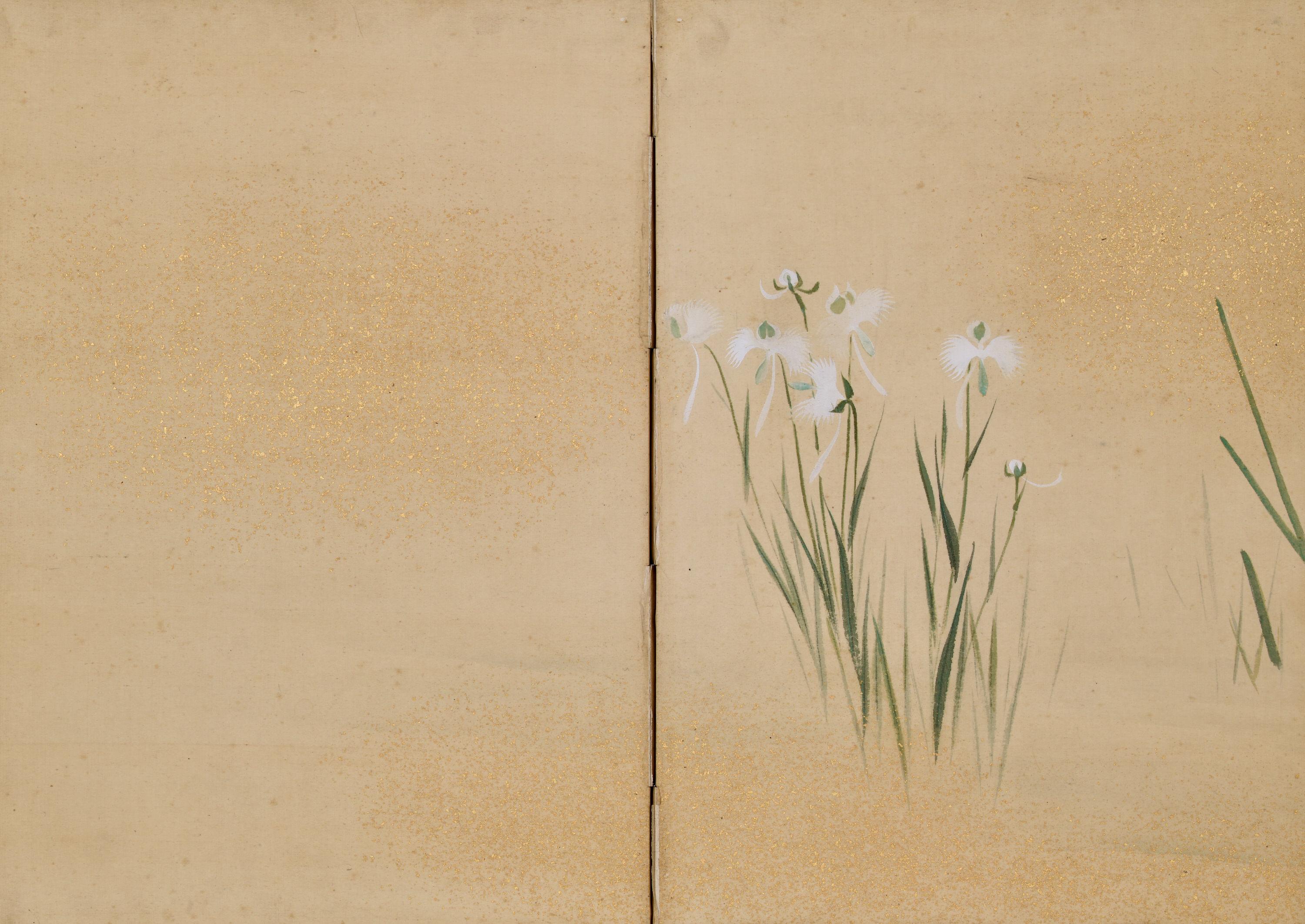 Par de biombos japoneses de 1838. Flores y Hierbas de las Cuatro Estaciones. en Bueno estado para la venta en Kyoto, JP