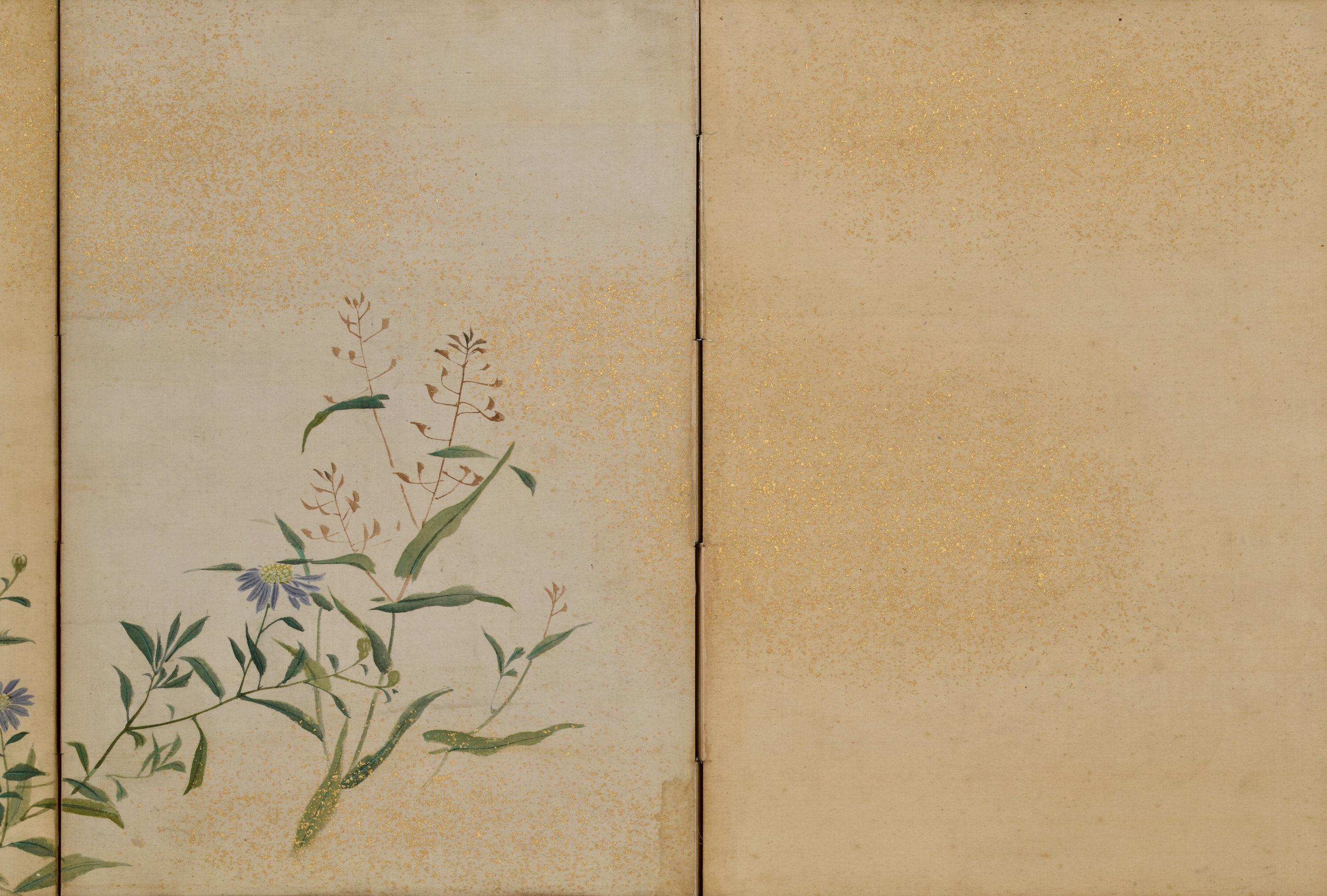 Par de biombos japoneses de 1838. Flores y Hierbas de las Cuatro Estaciones. Mediados del siglo XIX en venta