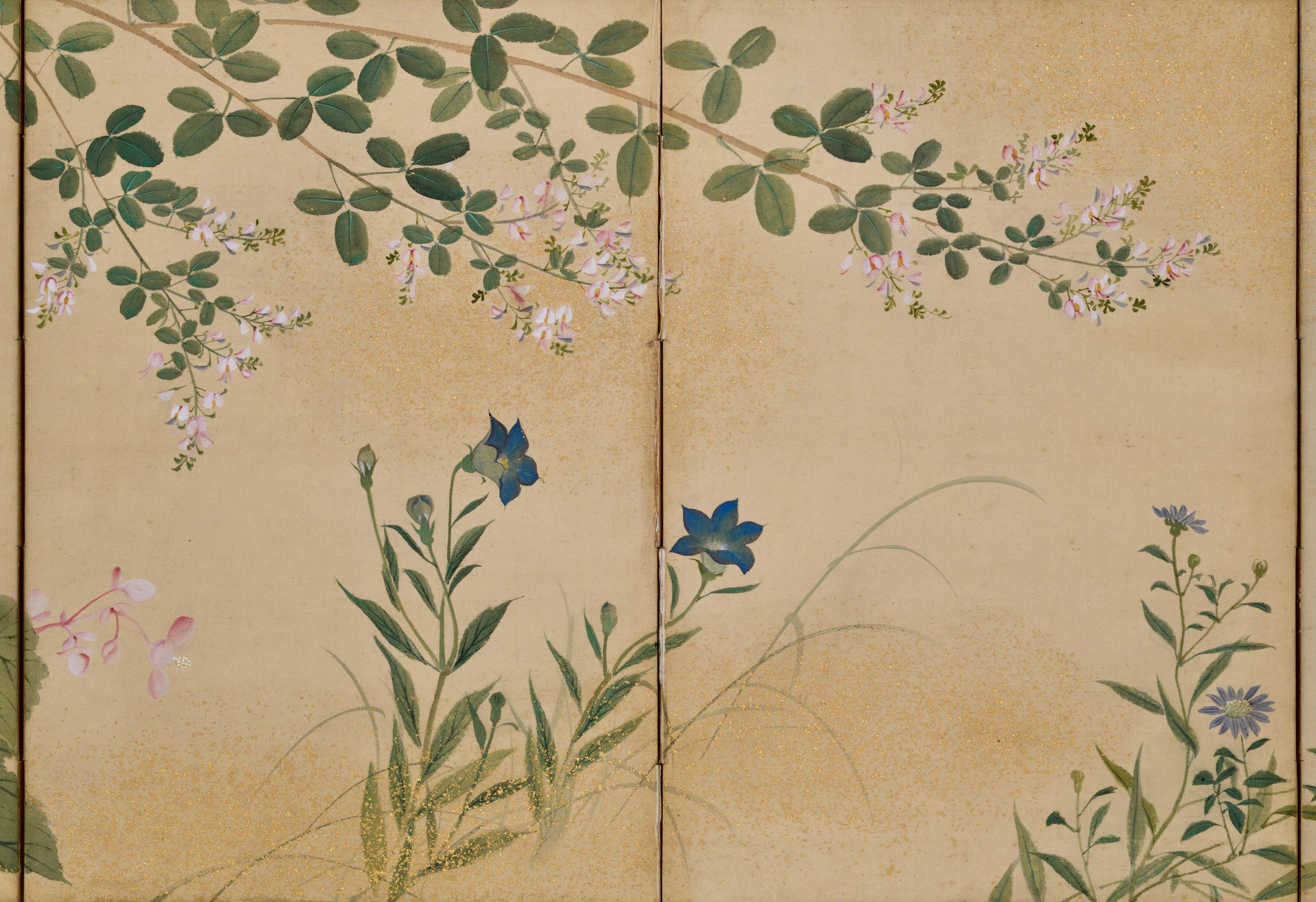 Par de biombos japoneses de 1838. Flores y Hierbas de las Cuatro Estaciones. Seda en venta