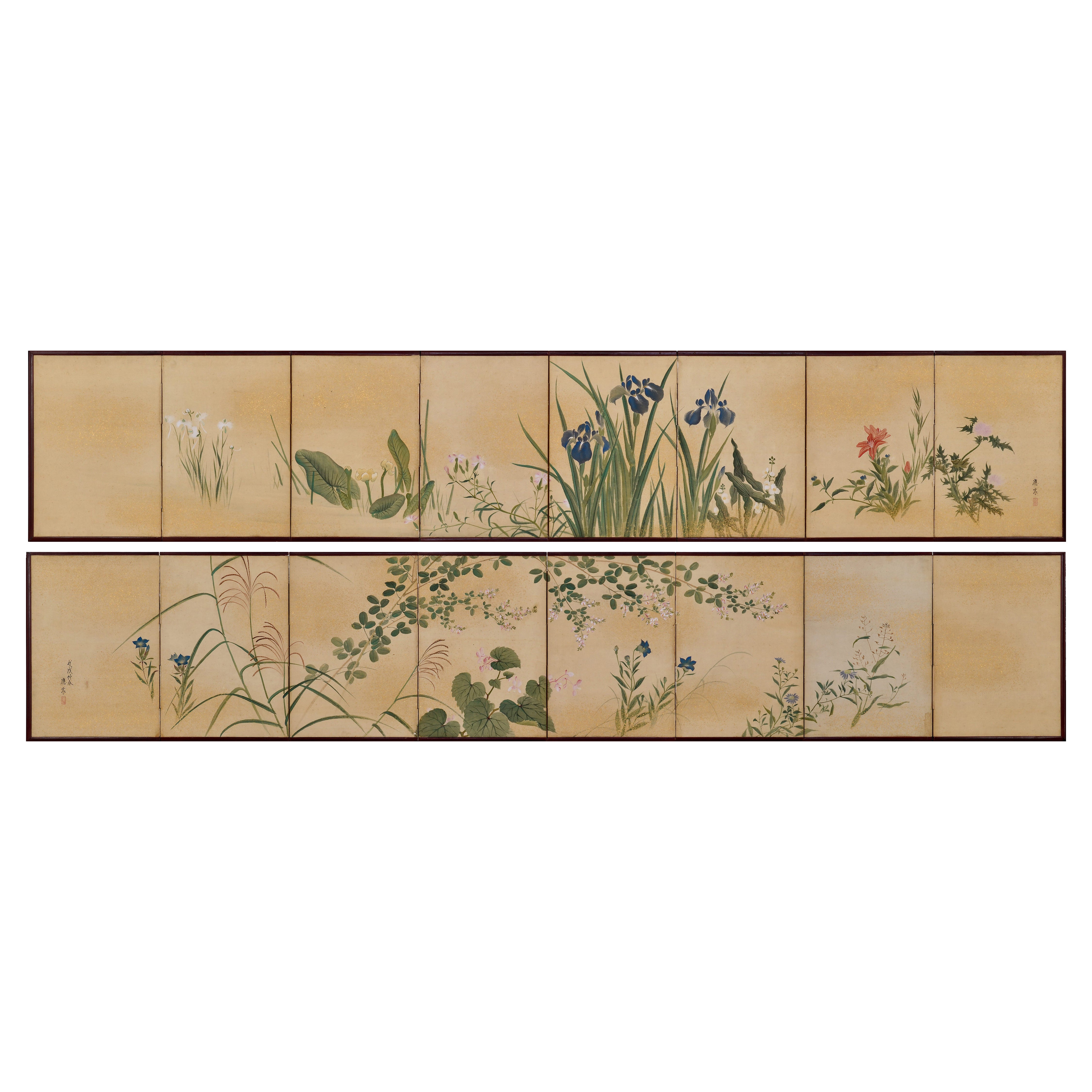 1838 Japanisches Paravent-Paar. Blumen und Gräser der Four Seasons.